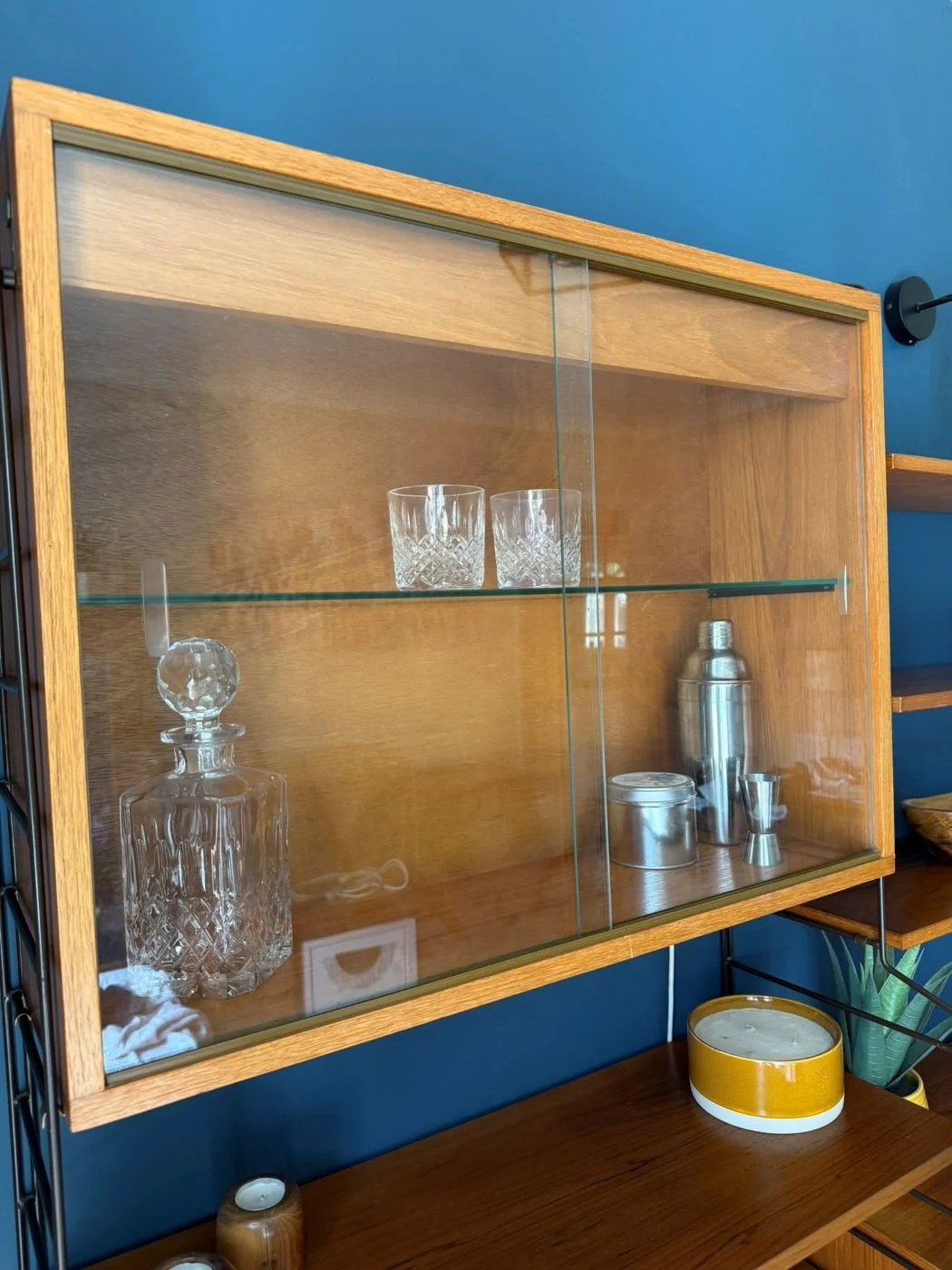 Restored mid century 1960s teak Brianco two bay modular wall unit shelving system