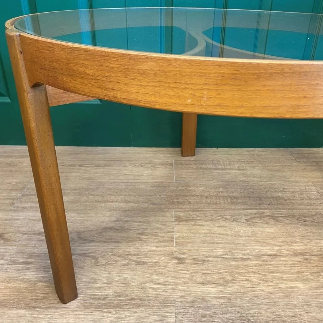 Mid century 1960s Danish style teak Nathan Trinity circular glass coffee table nest of tables