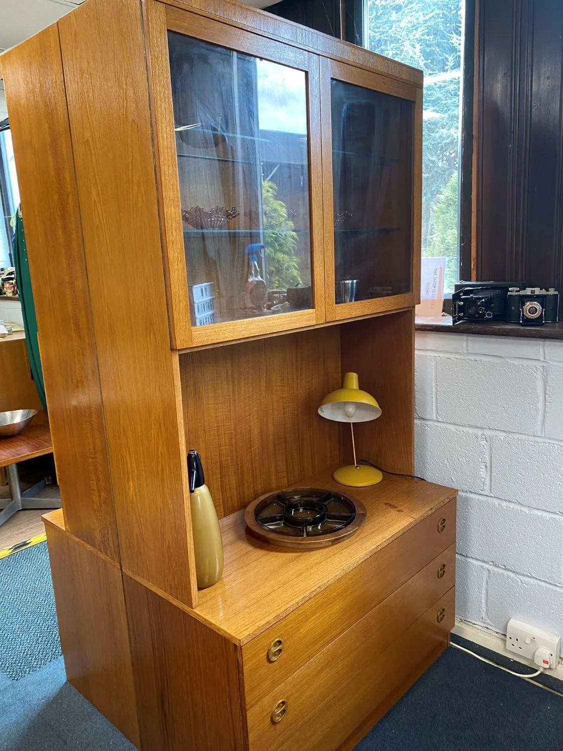 Mid century teak German Mobel glazed wall cabinet