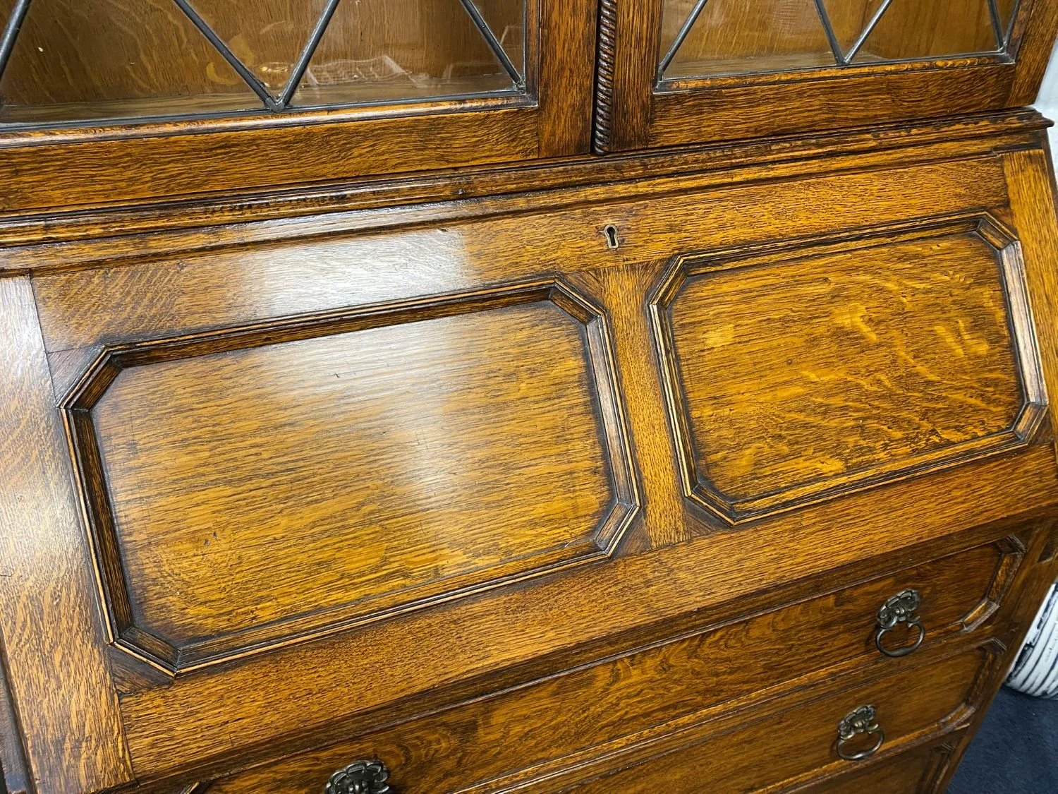 Edwardian antique oak bureau glazed bookcase