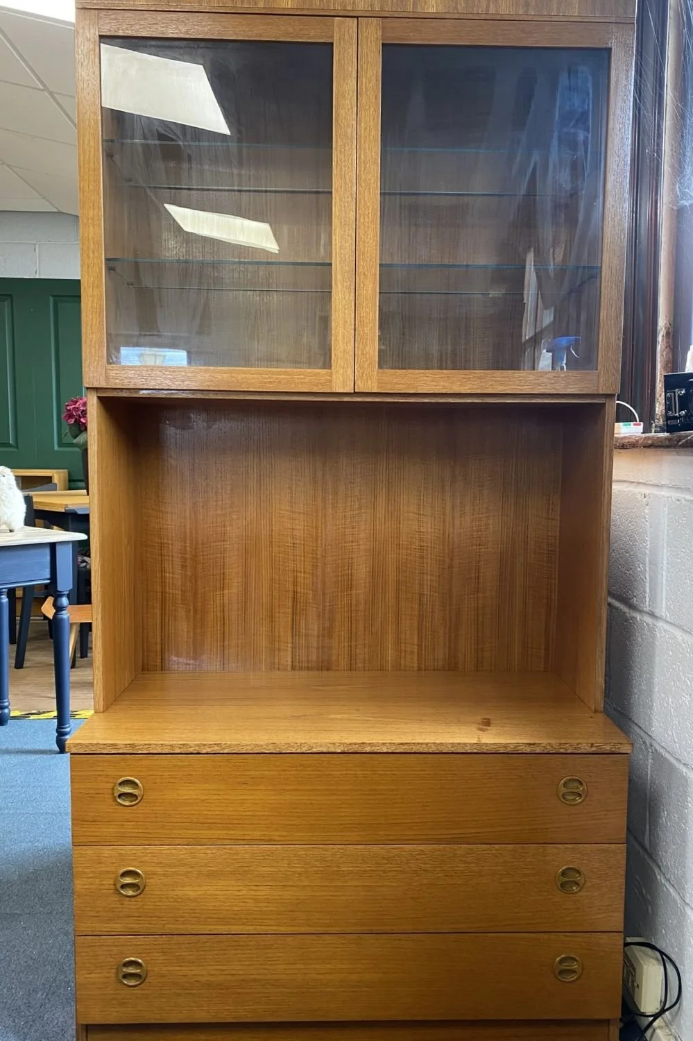 Mid century teak German Mobel glazed wall cabinet