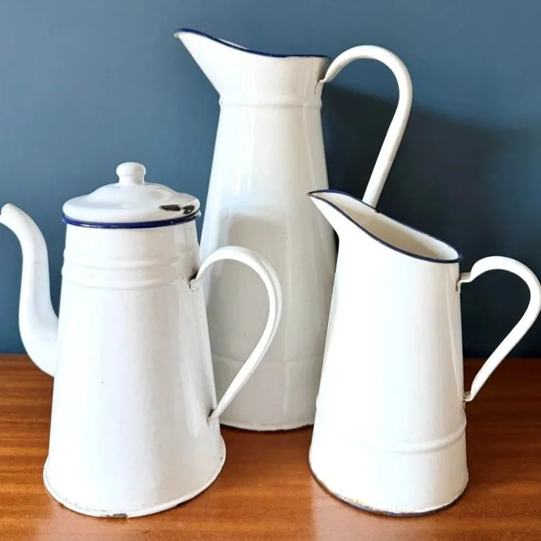 Vintage French white enamelled lidded coffee pot with blue rim mid century rustic