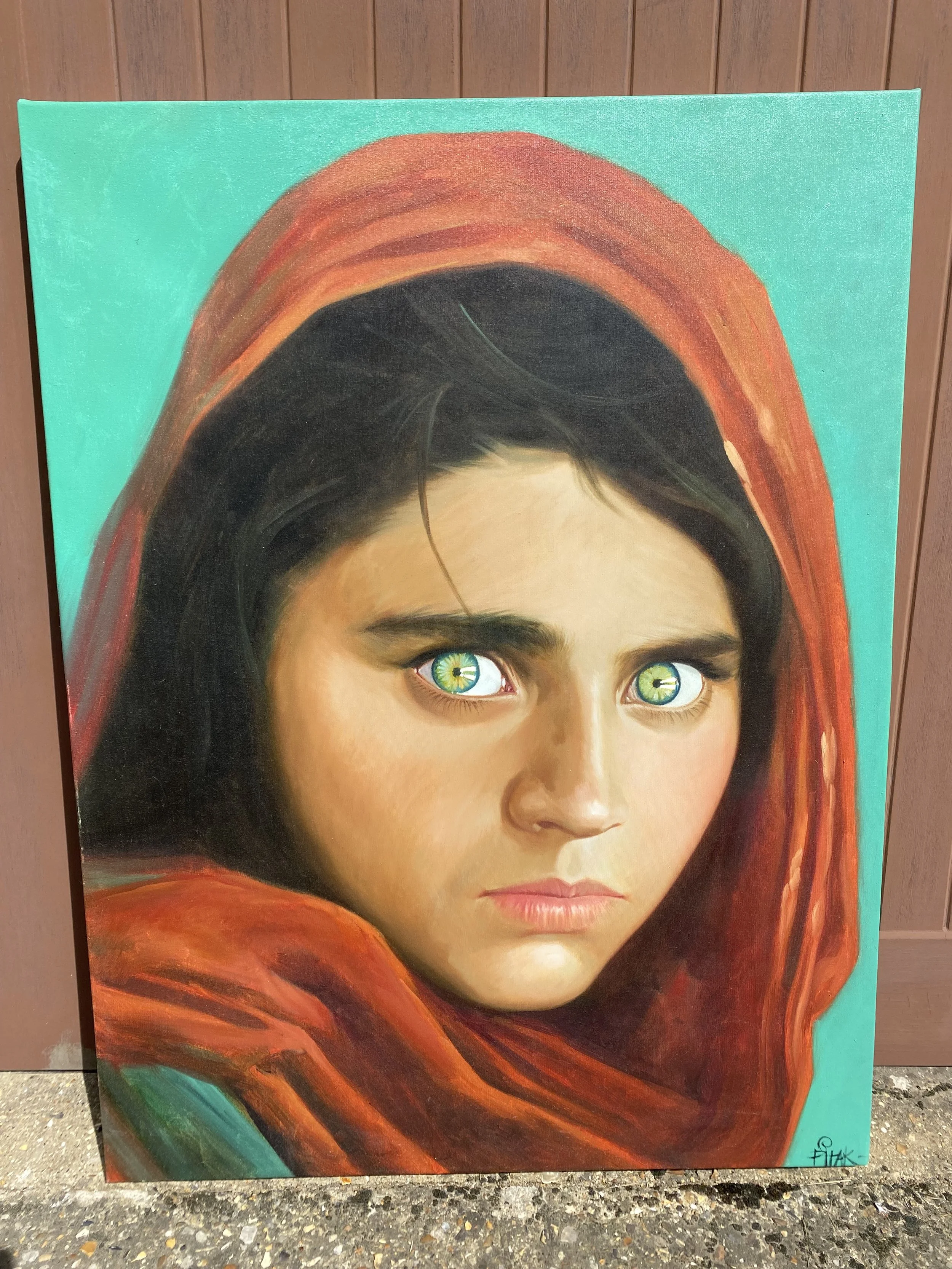 Large Thai Original Oil Painting, Afghan Child Copy, Eyes, 35" x 46"