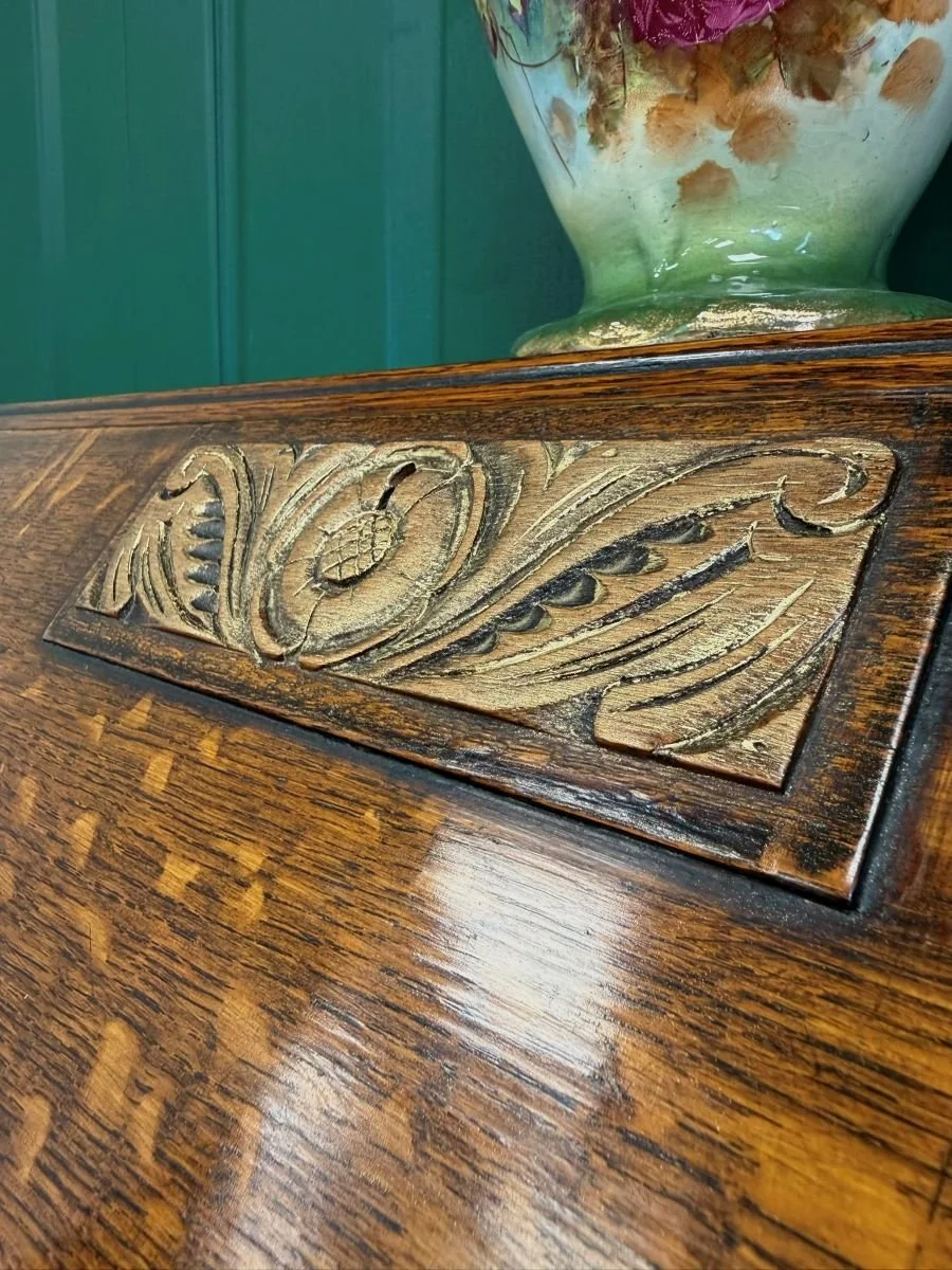Vintage Art Deco 1930s carved bureau cabinet with sloped design and gold detail