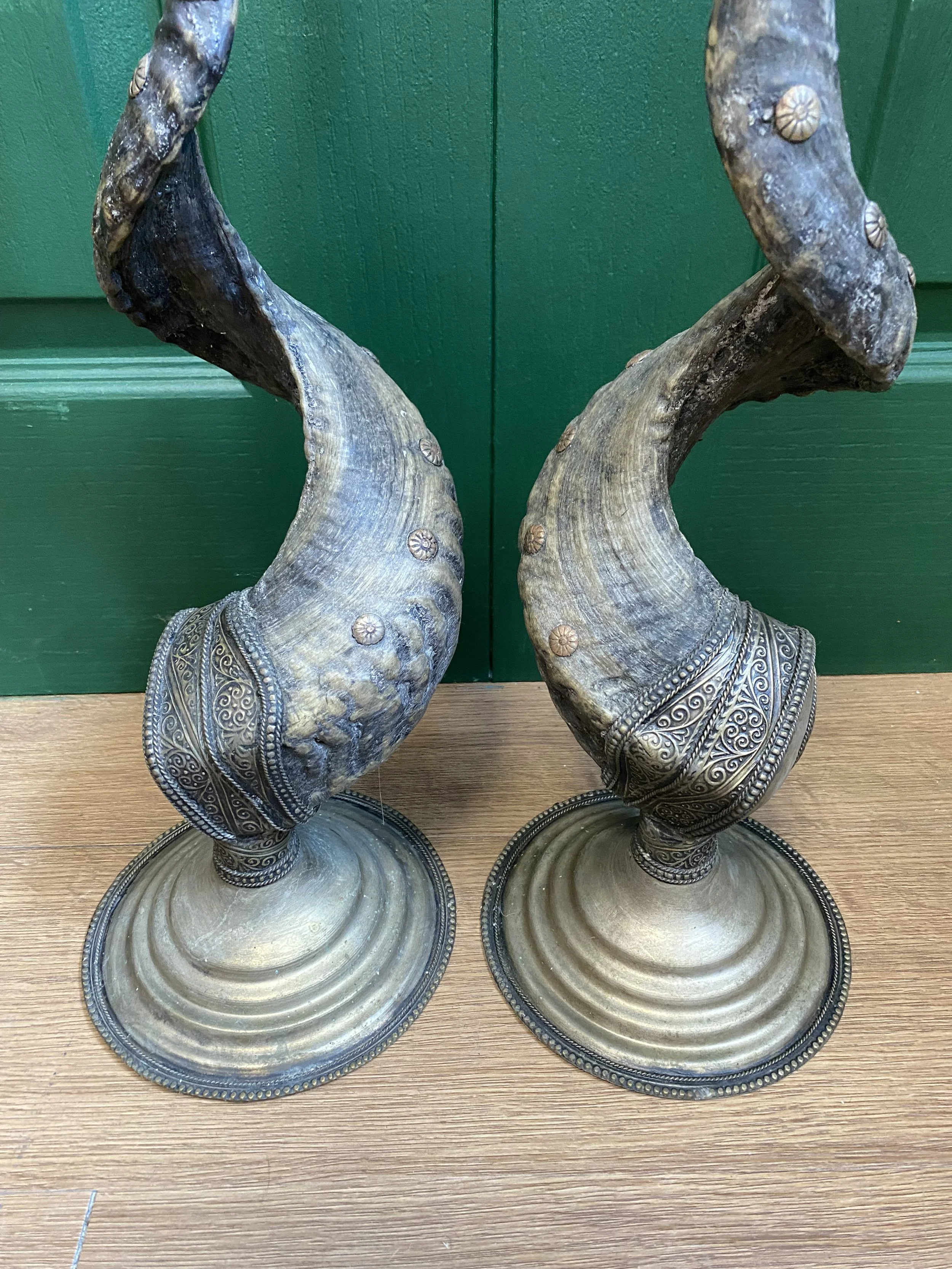 Vintage bohemian mid century style Moroccan brass and horn candle sticks