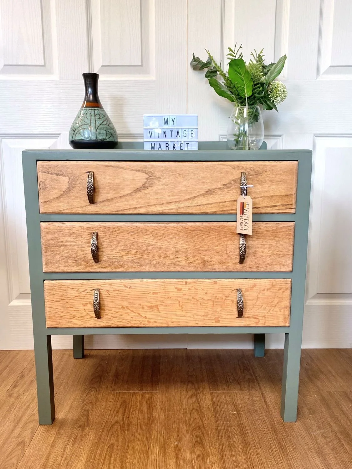 Refurbished antique 1940s chest of drawers oak sage green gold