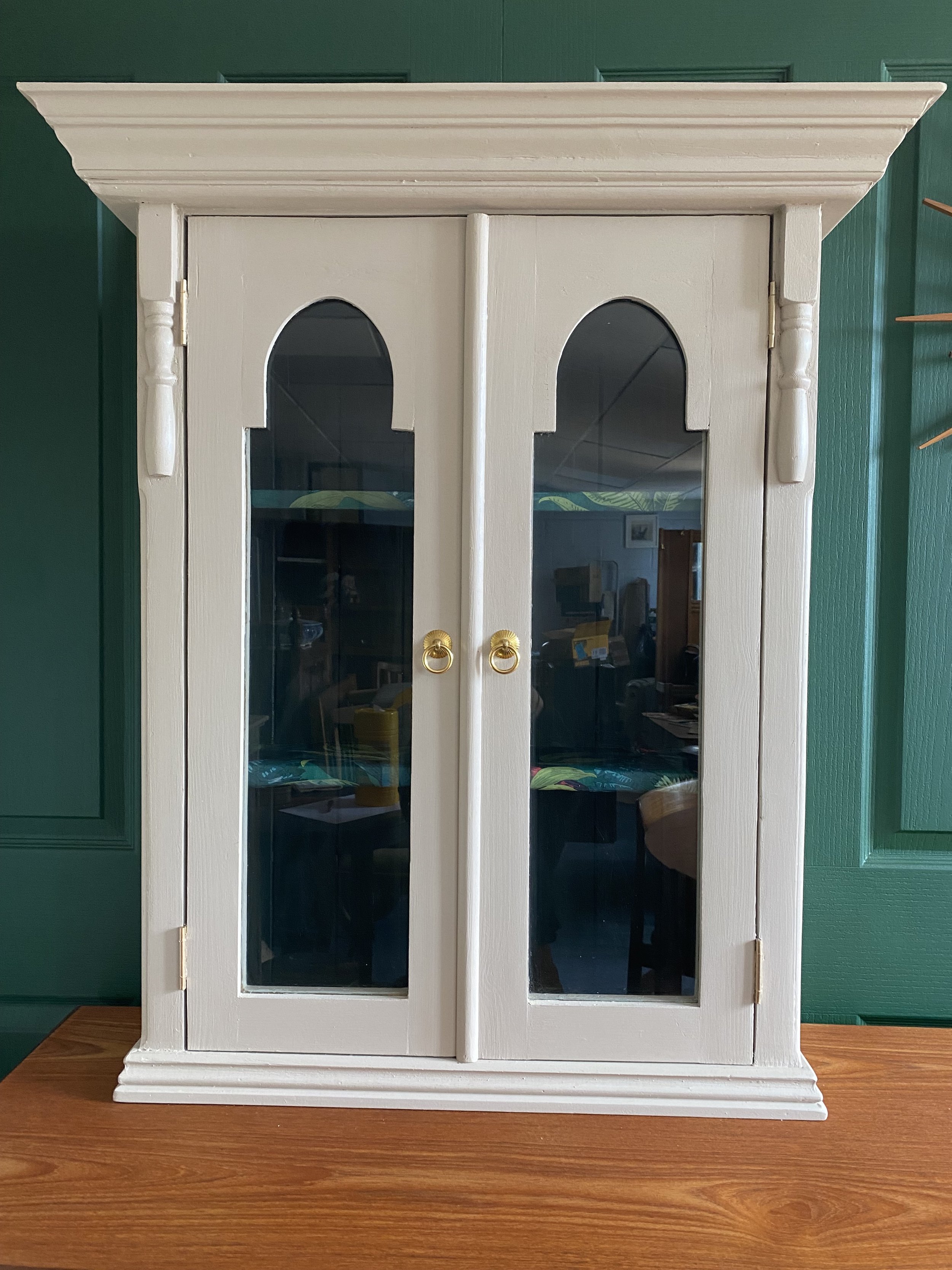 Refurbished vintage pine glazed wall cabinet cream green