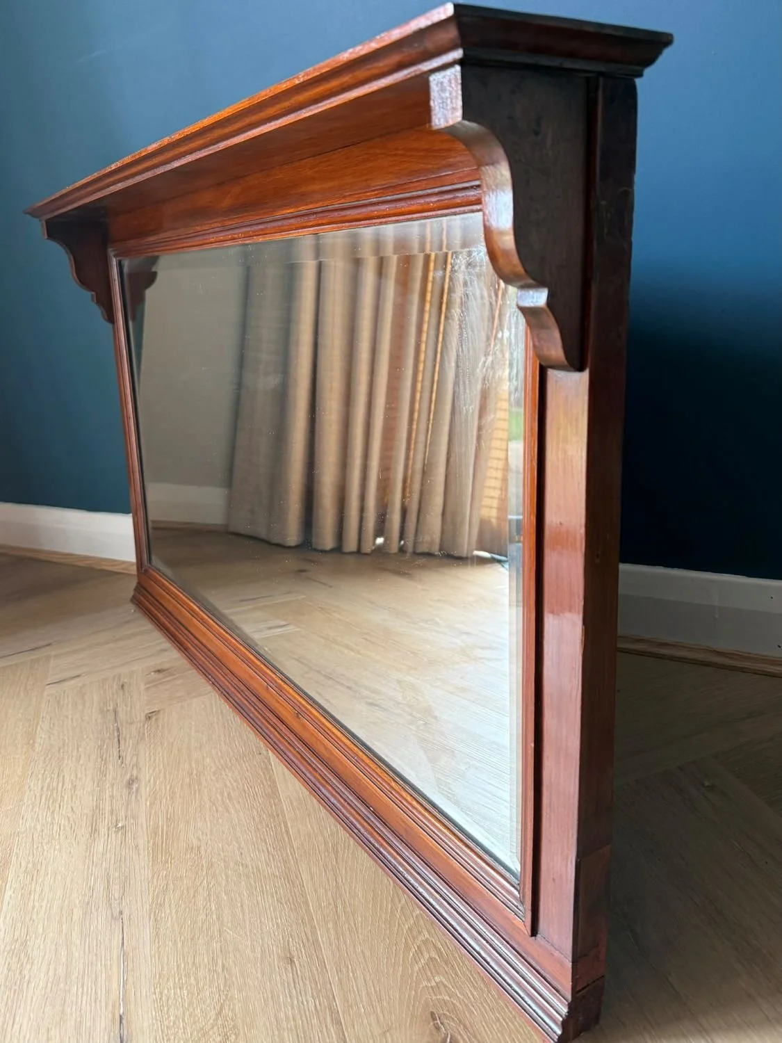 Antique Edwardian rectangular mahogany over mantle wall mirror