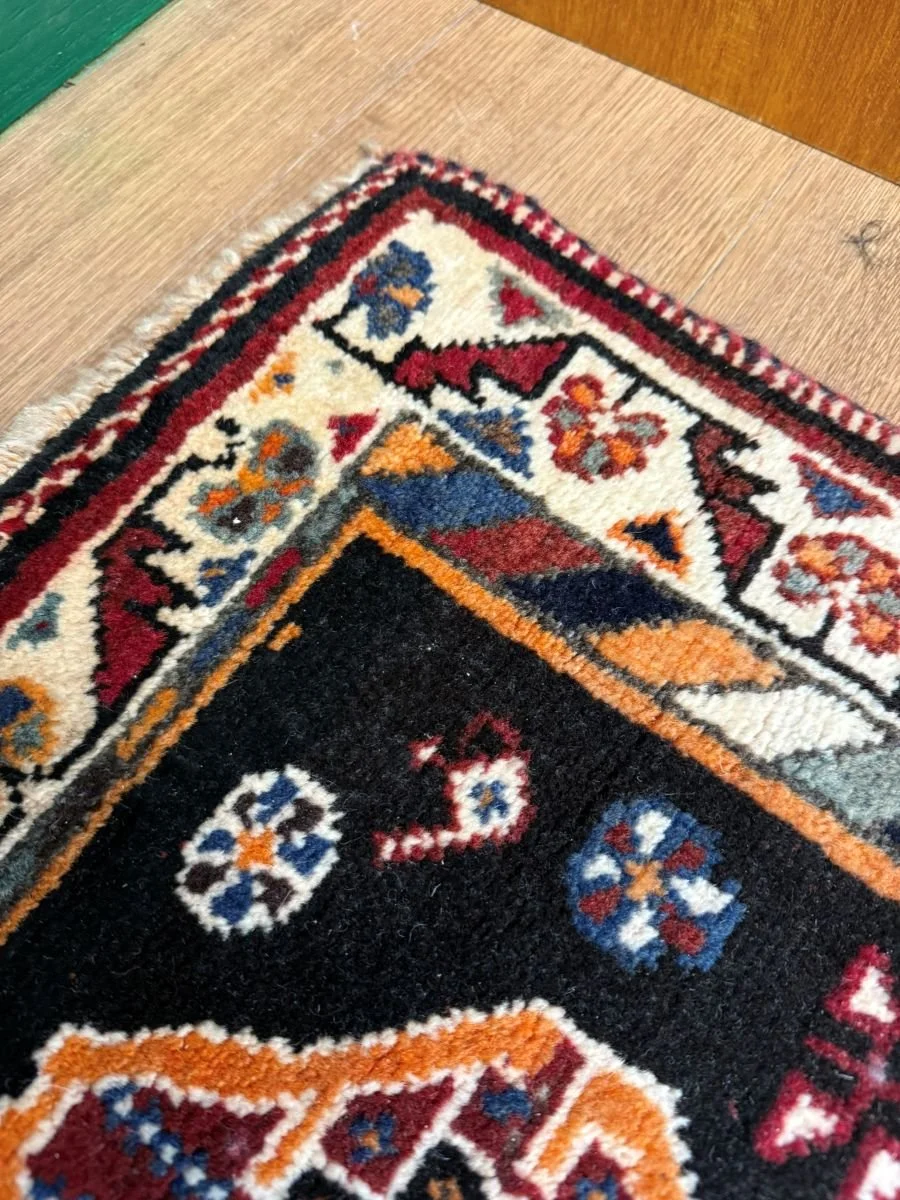 Vintage Qashqai Geometric Hand Knotted Wool Rug Red Black Blue 175x140cm