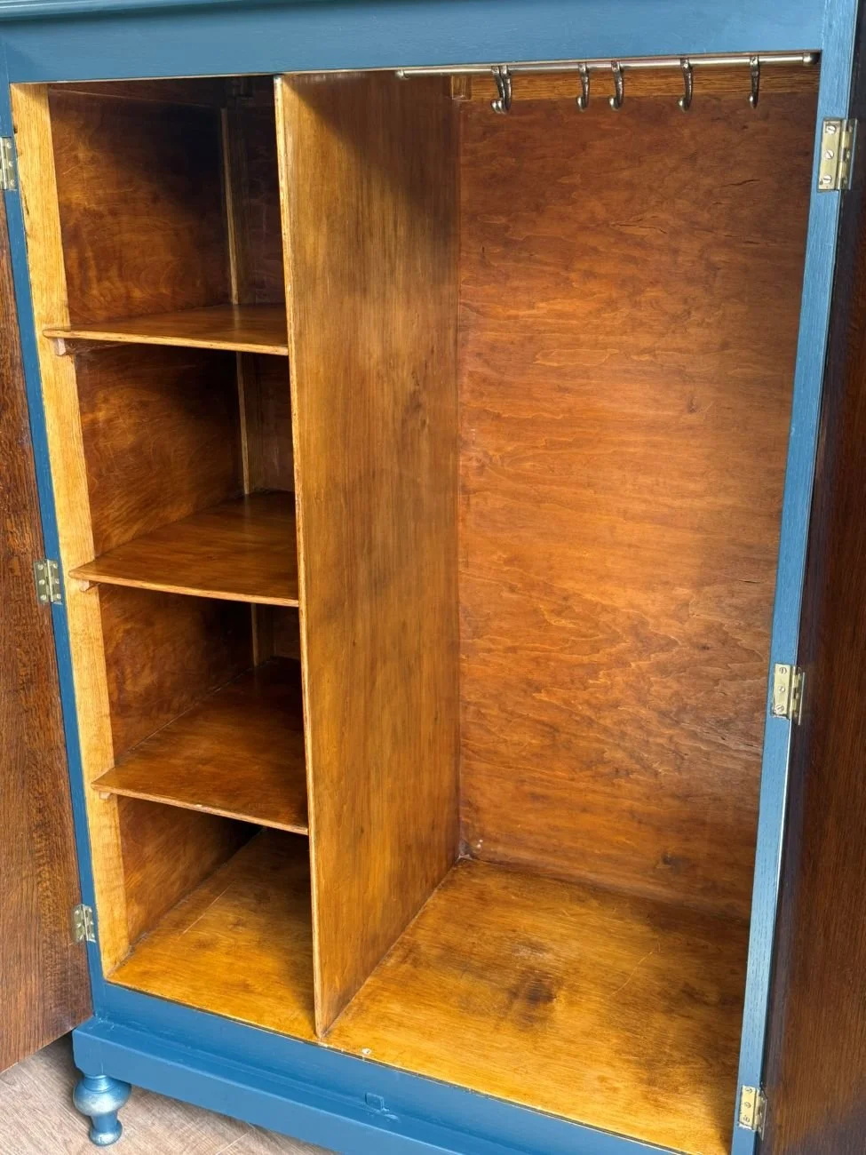 Refurbished Vintage 1930s Gentleman's Wardrobe Linen Cupboard Linen Press Petrol Blue interior