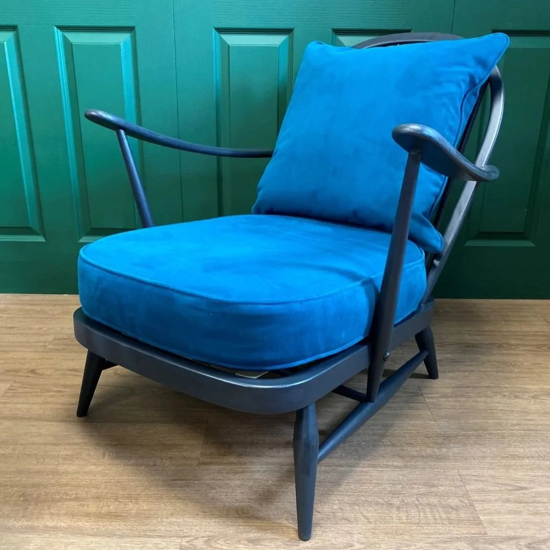 Refurbished mid century vintage Ercol Windsor armchair grey frame teal blue green velvet