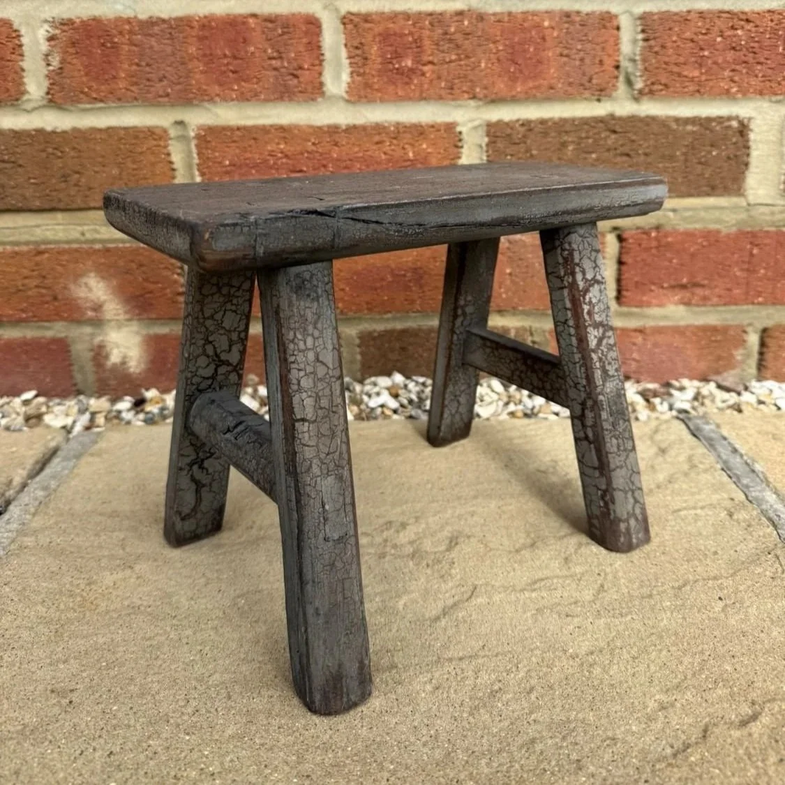 Small vintage wooden milking stool paint washed with crazed effect