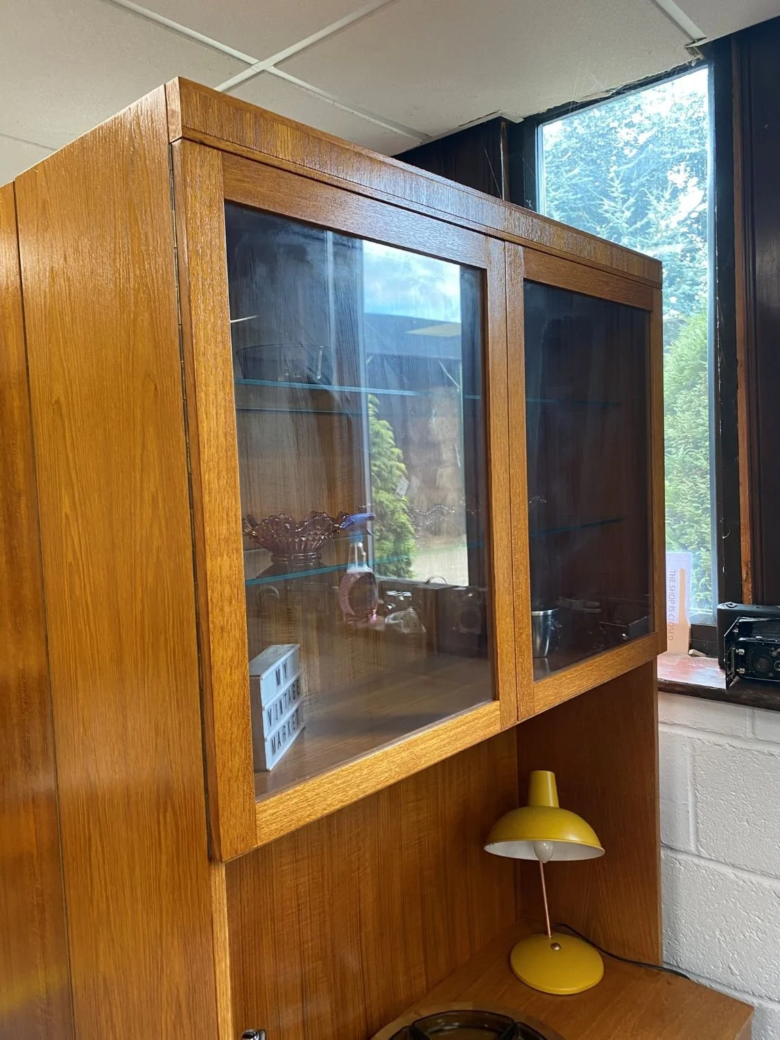 Mid century teak German Mobel glazed wall cabinet