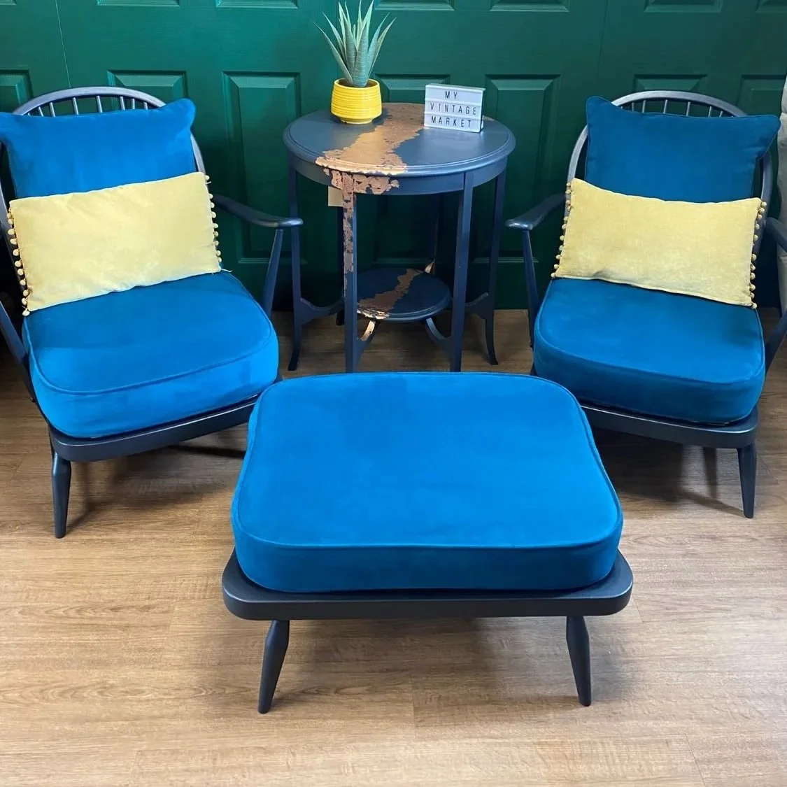 Refurbished mid century vintage Ercol Windsor armchair grey frame teal blue green velvet