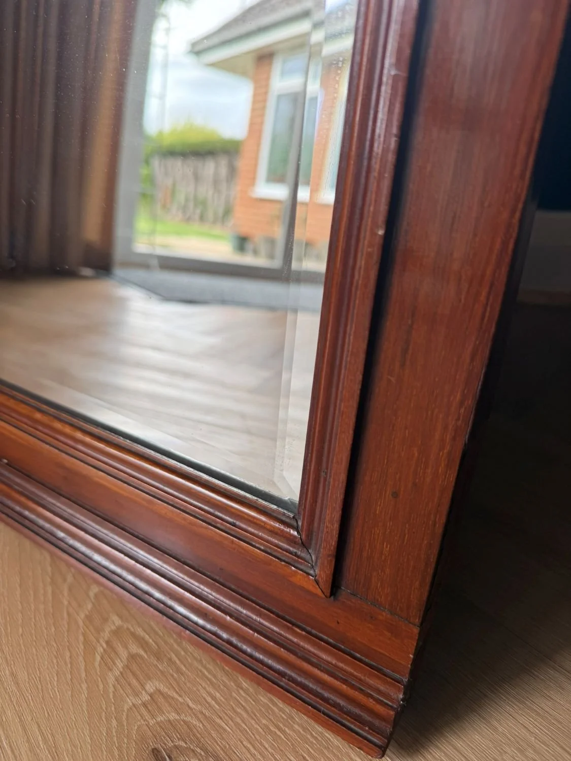 Antique Edwardian rectangular mahogany over mantle wall mirror bevelled