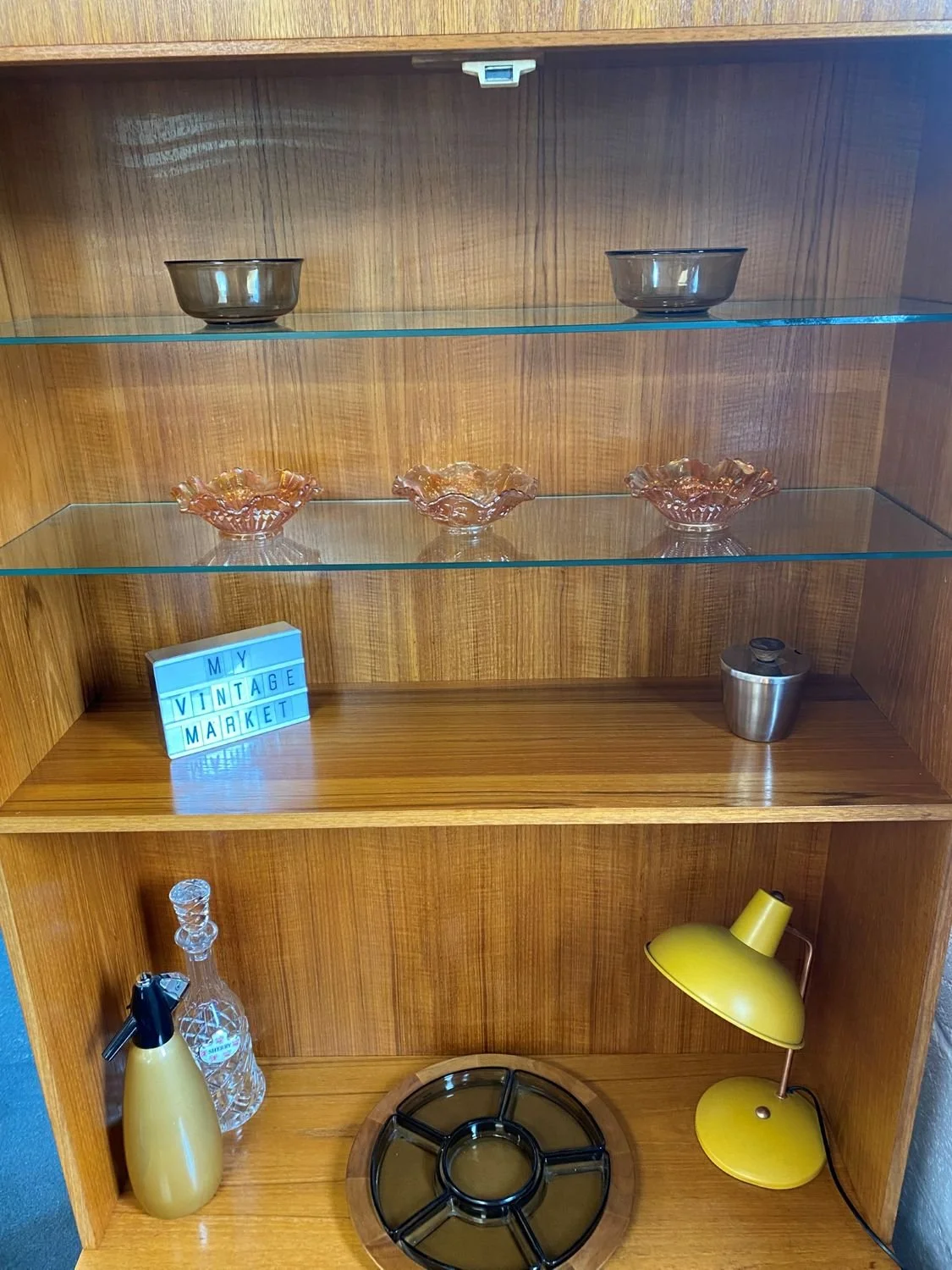 Mid century teak German Mobel glazed wall cabinet