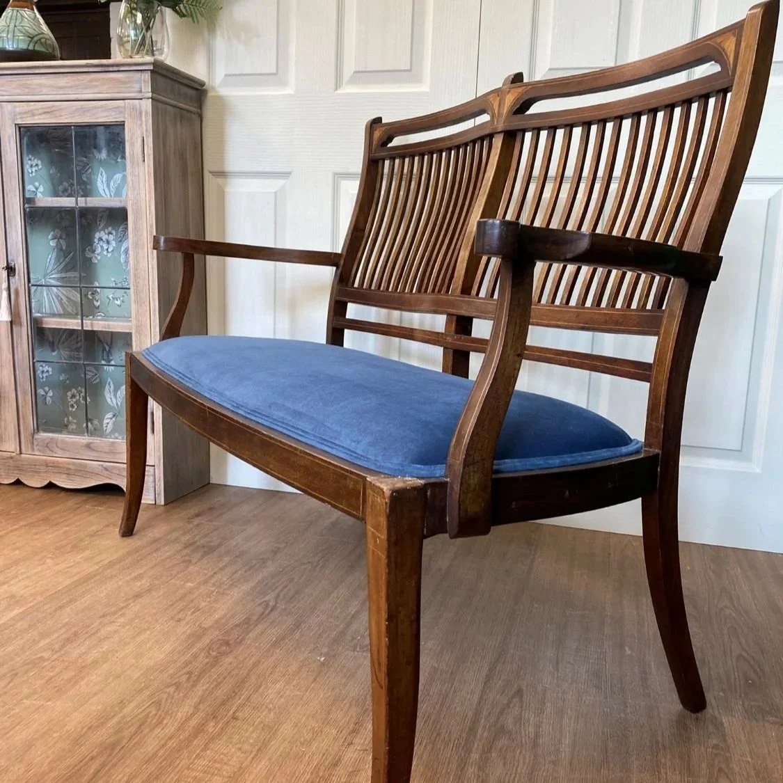 Antique Edwardian refurbished mahogany inlaid marquetry love seat settee with blue velvet seat