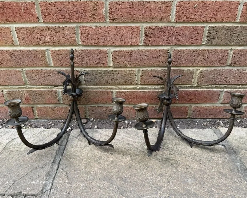 Pair of vintage brass two arm wall scones candle holders wall lights