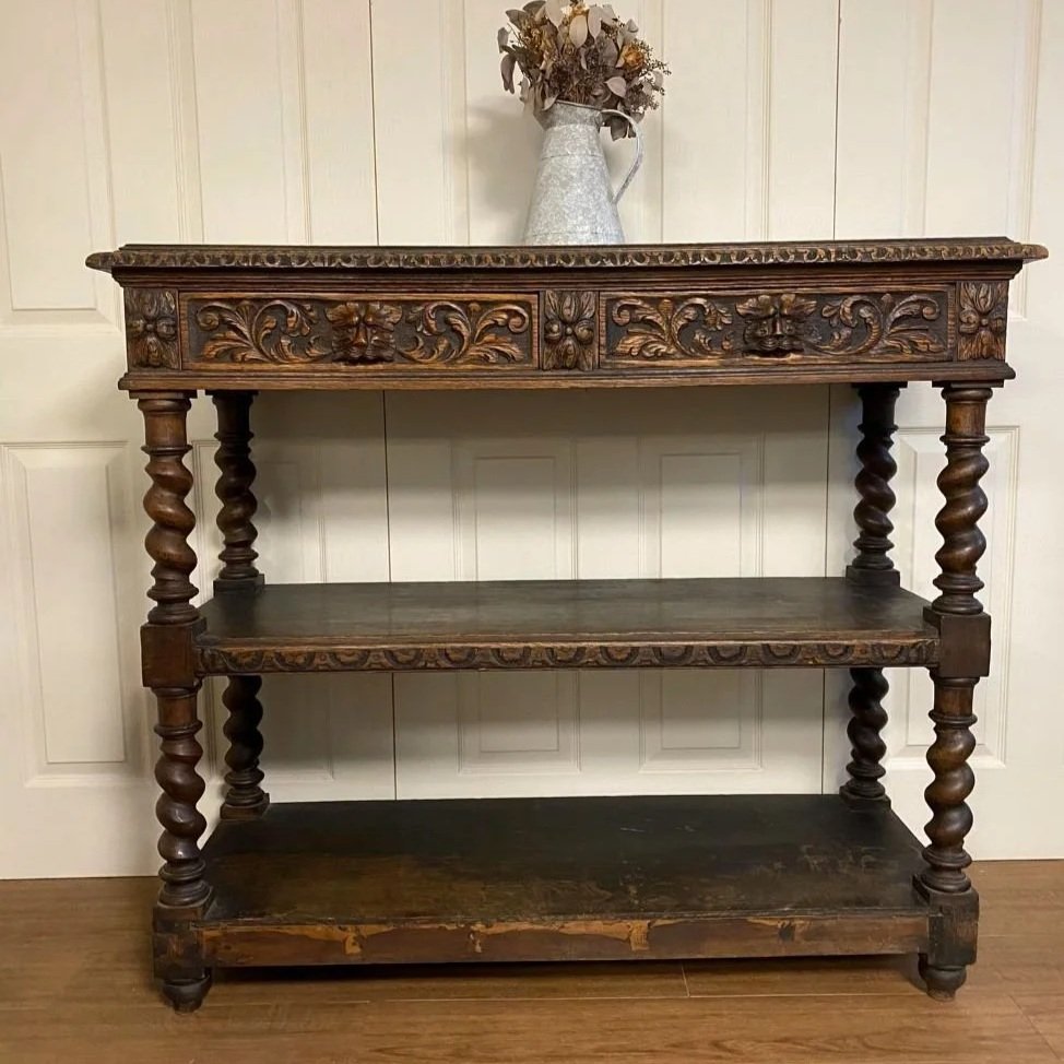 Antique Victorian French Dark Oak Carved Barley Twist Server Buffet Console