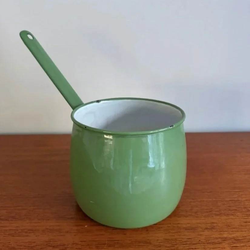Vintage mid century rustic green enamel Kampenware pan