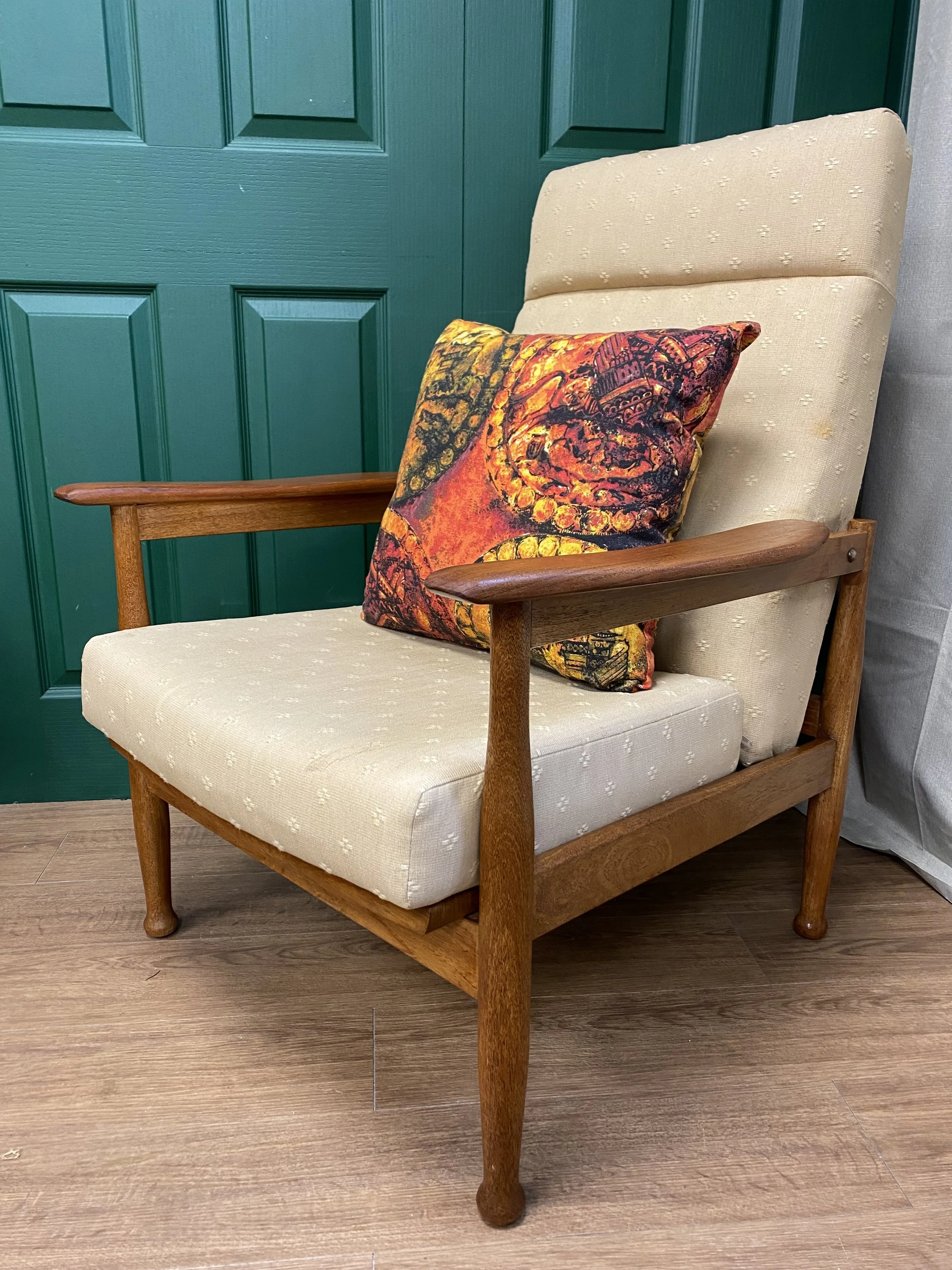 Mid century 1960s afromosia framed Guy Rogers Manhattan reclining armchair sold restored and reupholstered