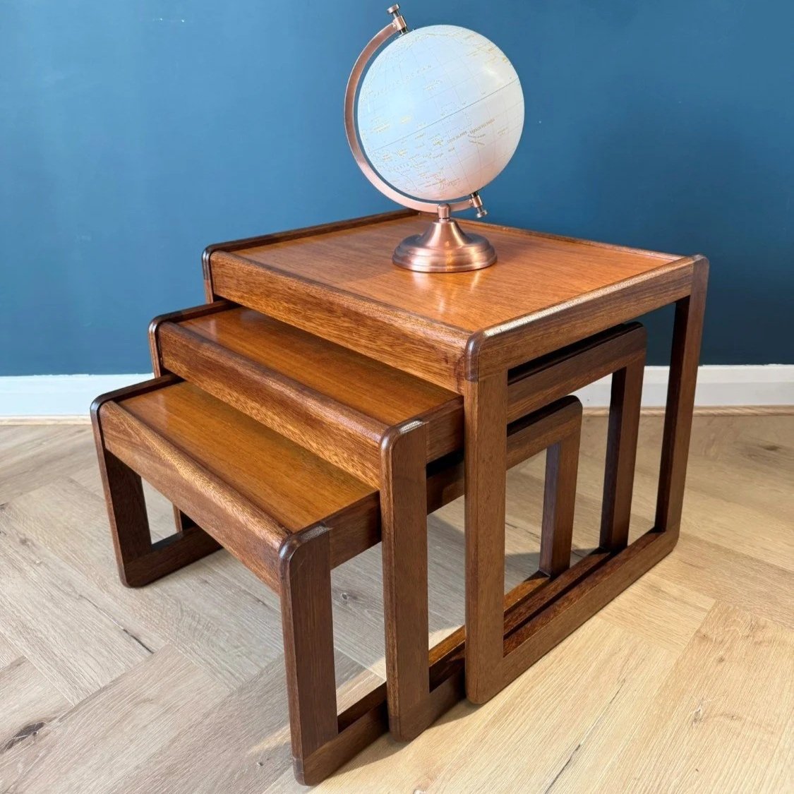 Mid century 1960s teak nest of three coffee side tables by Avalon