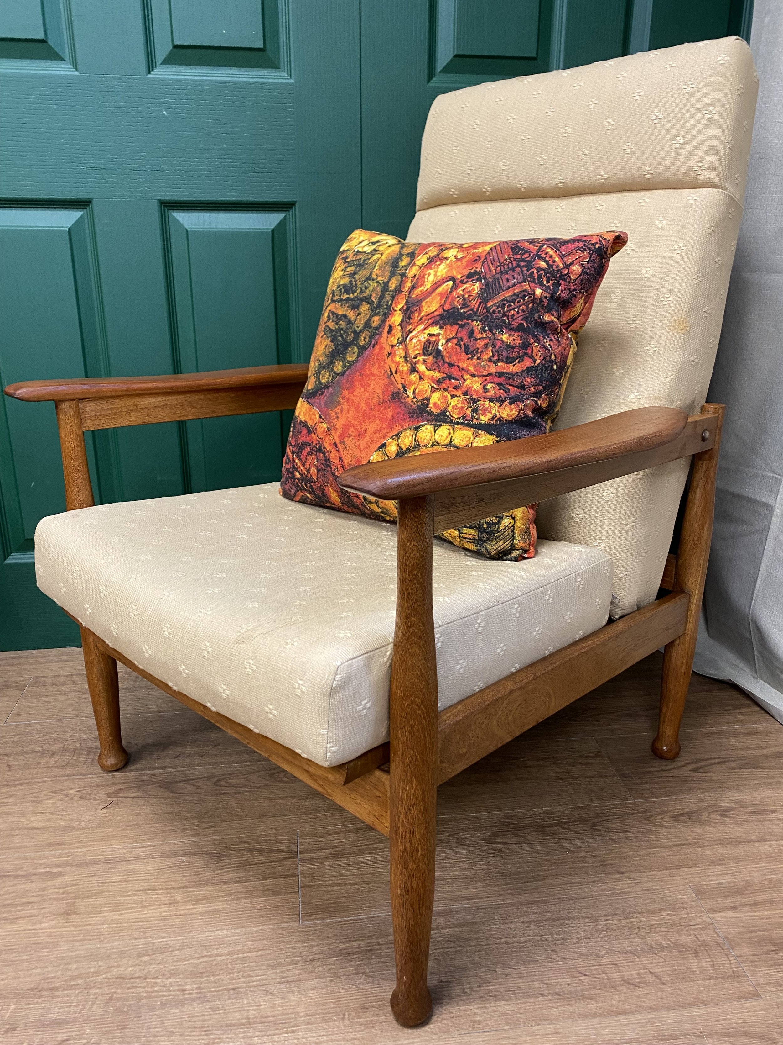 Mid century 1960s afromosia framed Guy Rogers Manhattan reclining armchair sold restored and reupholstered