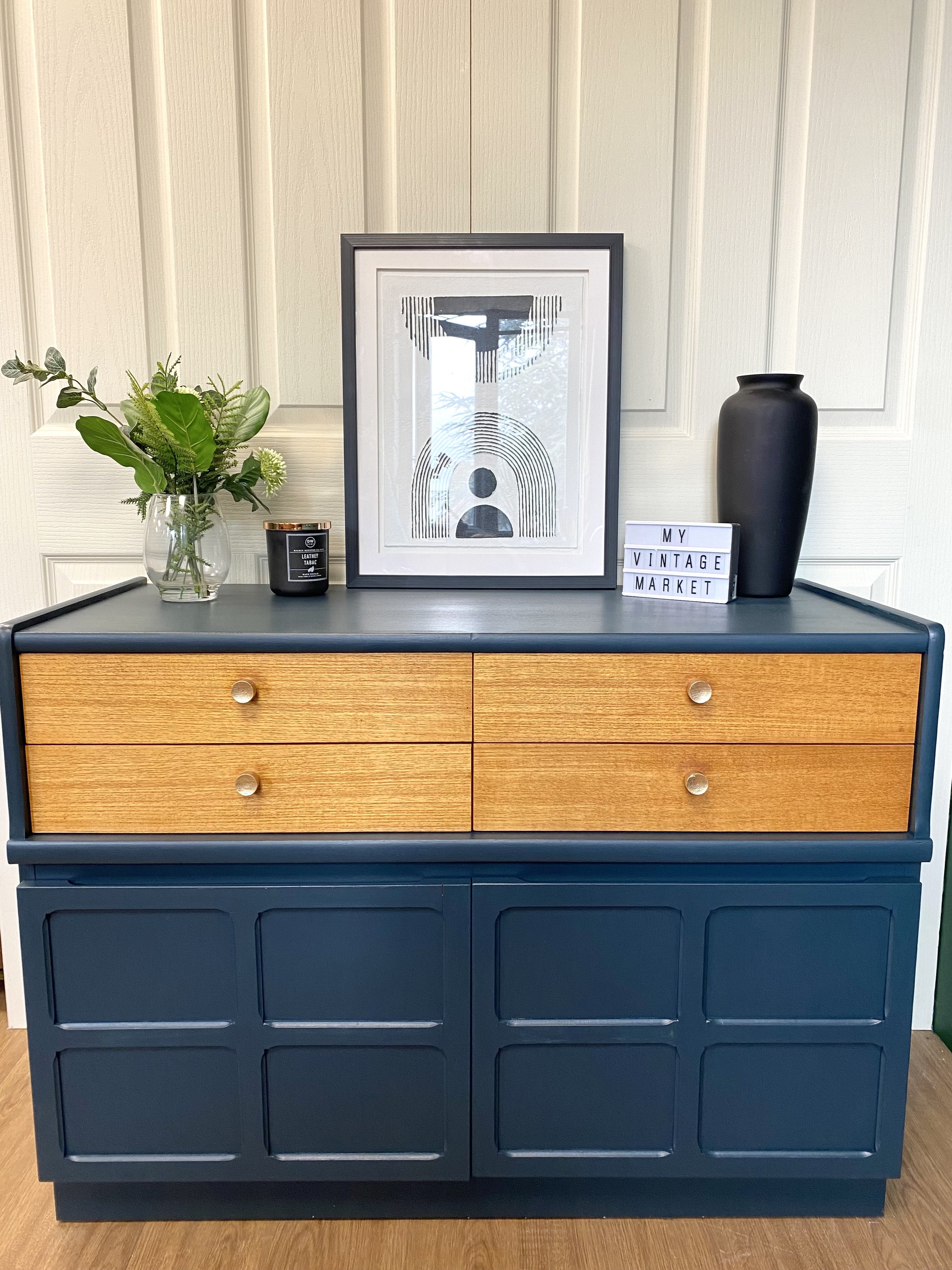 Refurbished mid century 1960s Nathan teak sideboard petrol blue