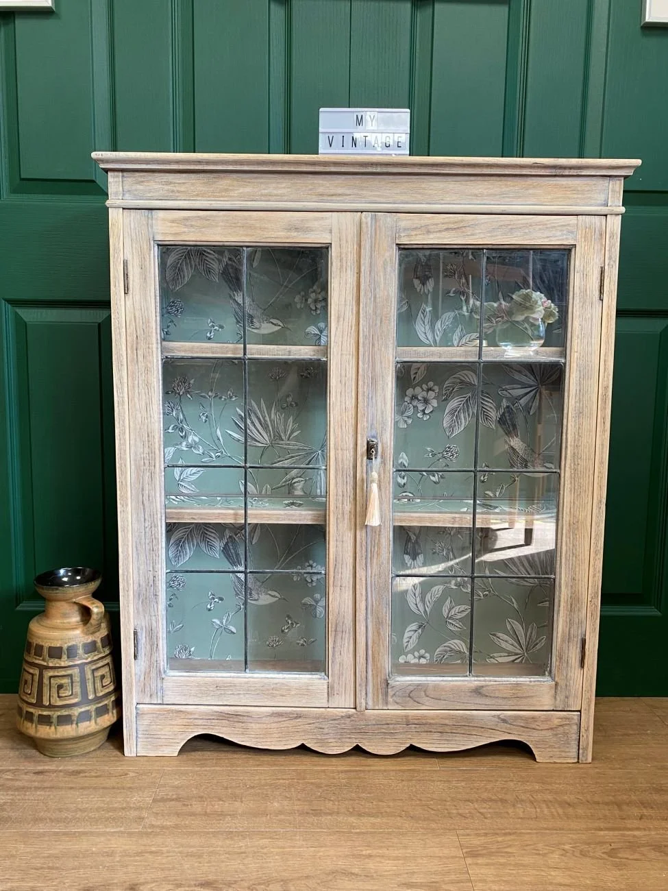 Refurbished antique Edwardian oak glazed display cabinet bookcase
