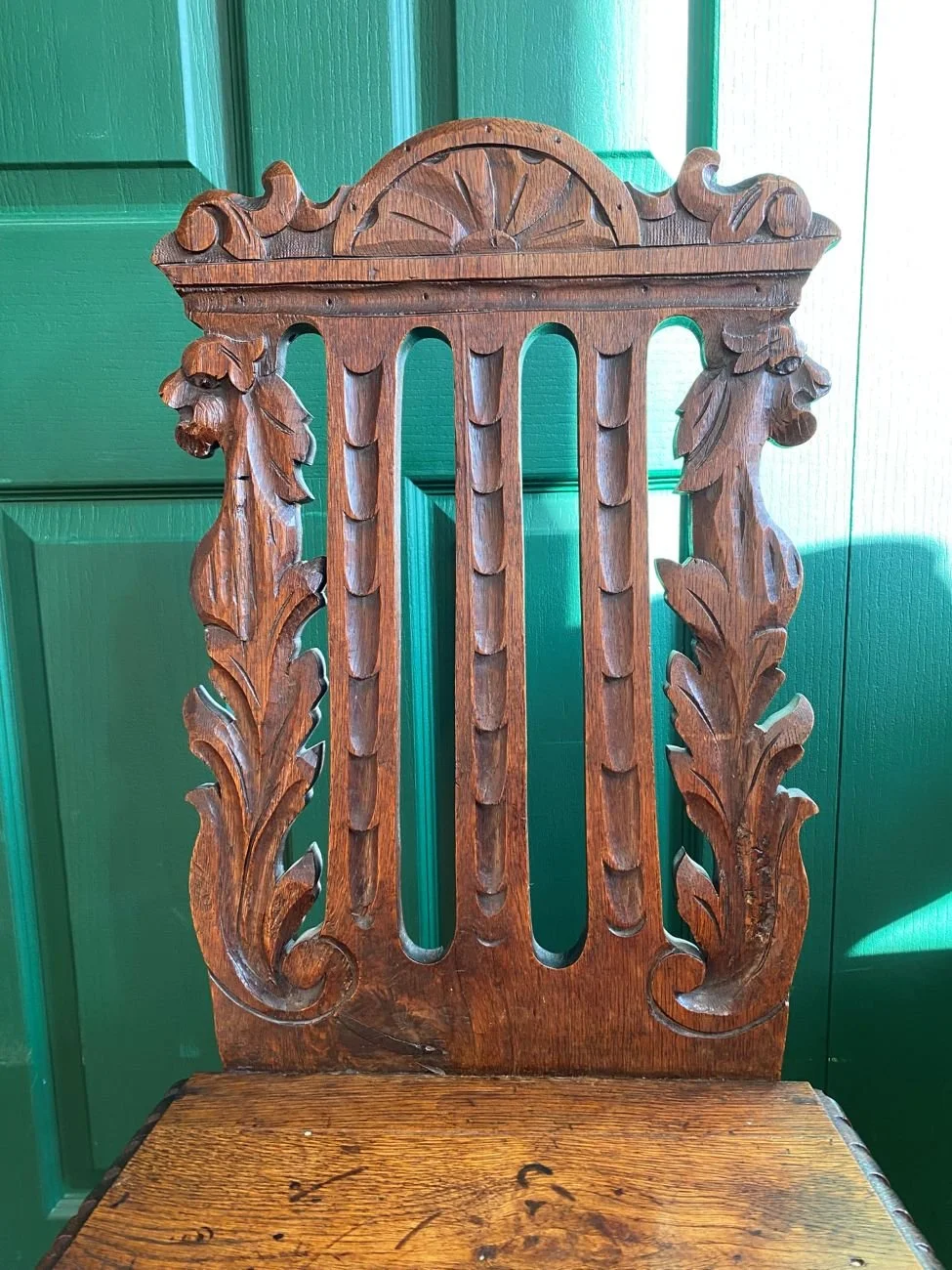 Antique Victorian solid oak carved hall chair