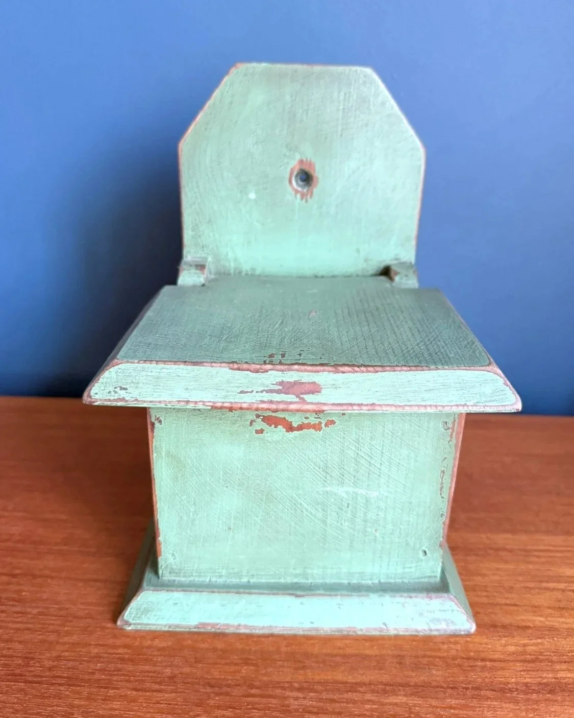 Vintage rustic green painted wooden salt box