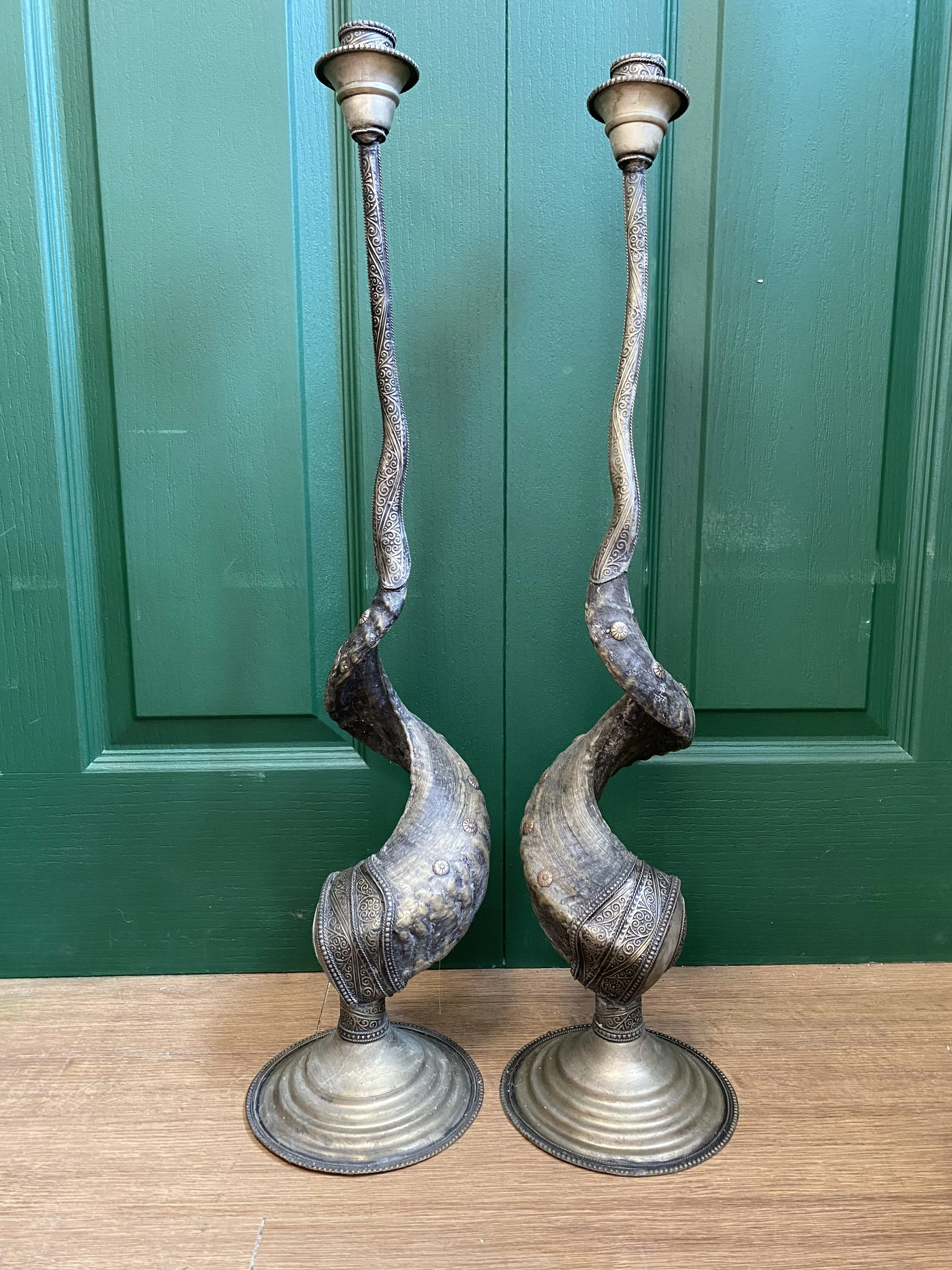 Vintage bohemian mid century style Moroccan brass and horn candle sticks