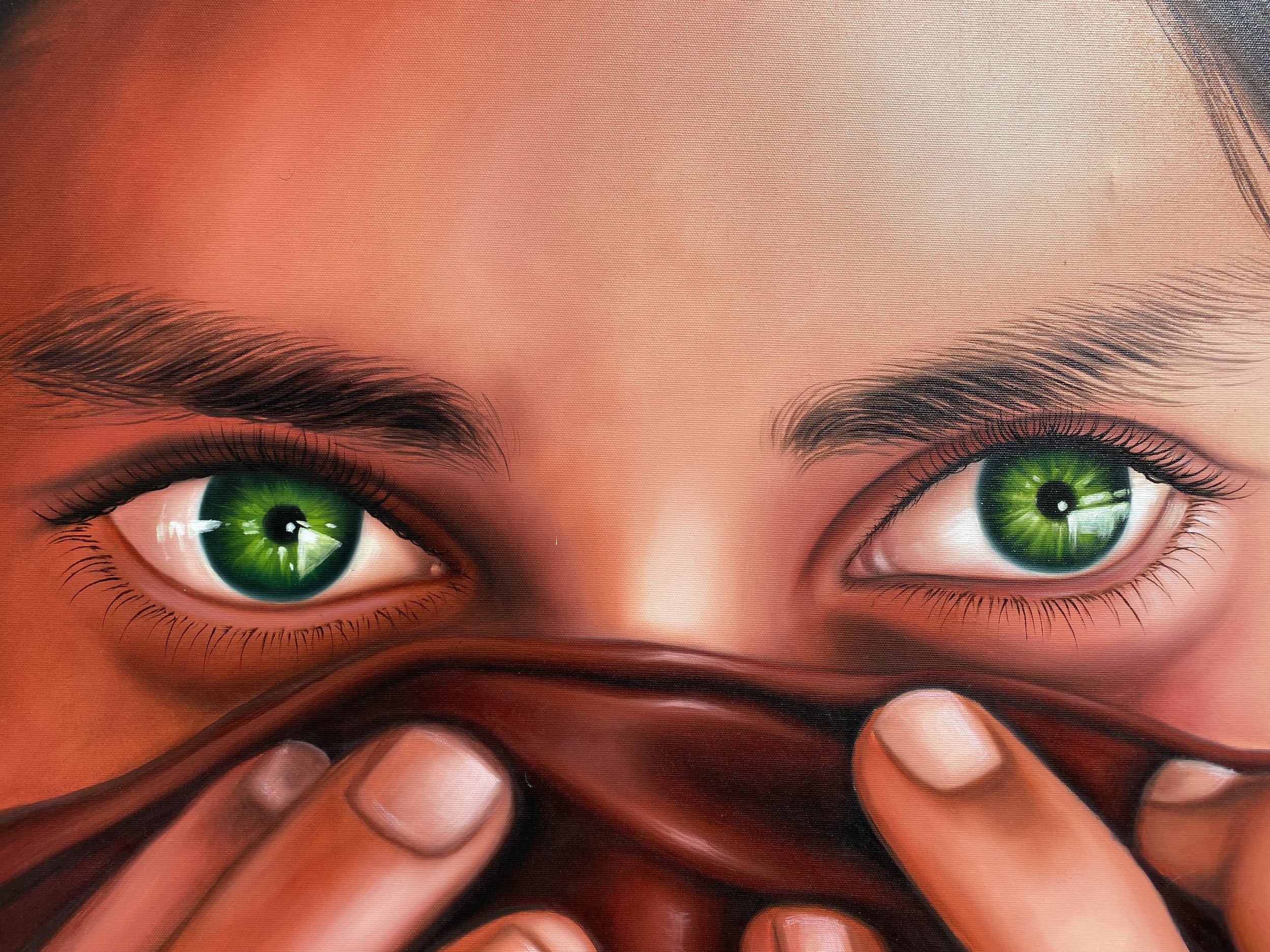 Thai Original Oil Painting, Eyes, Burgundy, 39" x 27"