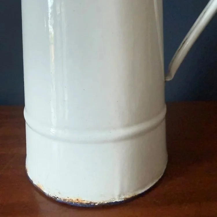 Vintage French white enamelled pitcher jug with blue rim rustic mid century