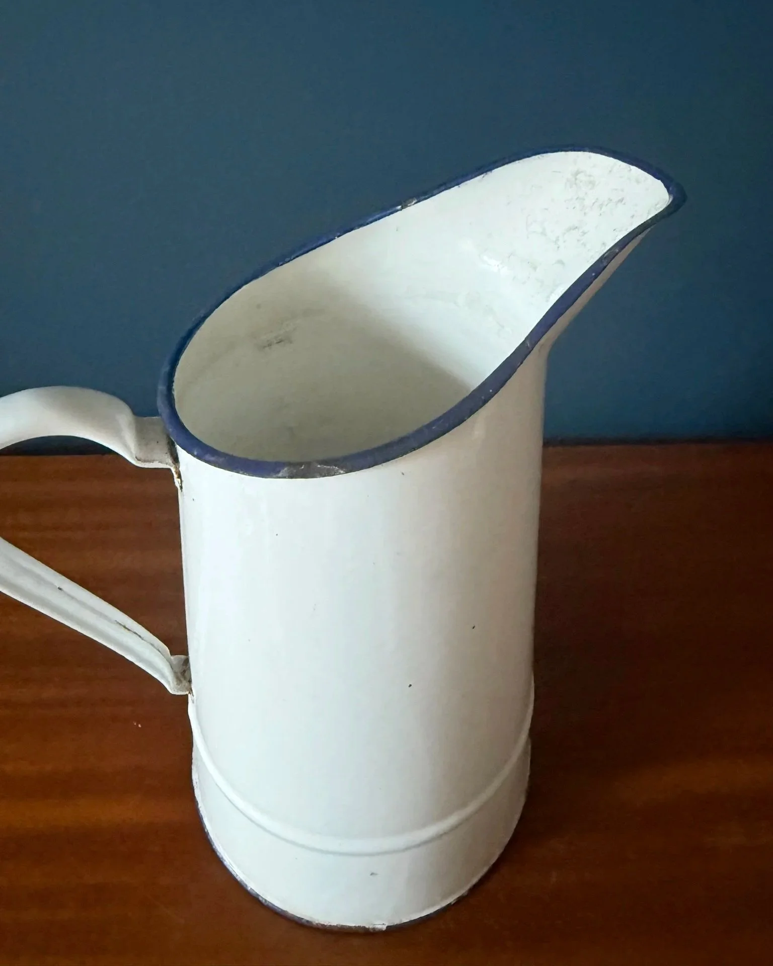 Vintage French white enamelled pitcher jug with blue rim rustic mid century
