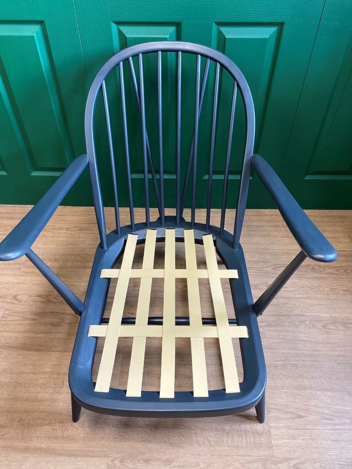 Refurbished mid century vintage Ercol Windsor armchair grey frame teal blue green velvet