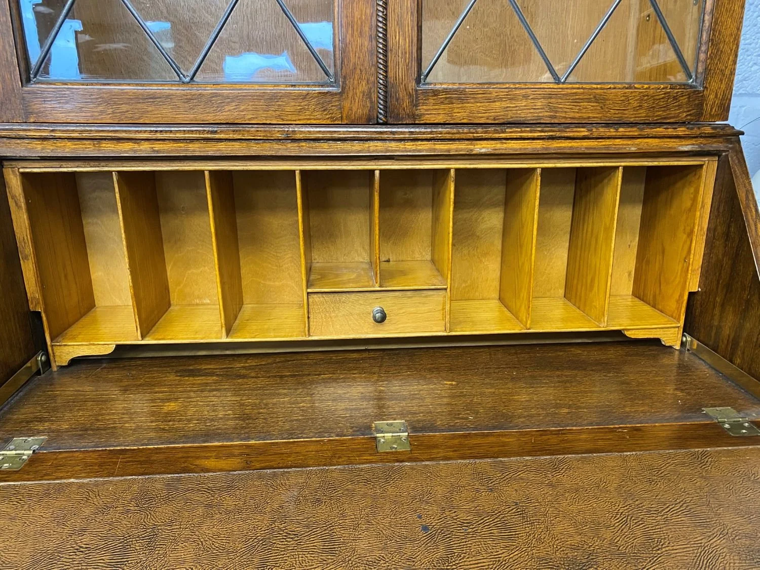 Edwardian antique oak bureau glazed bookcase