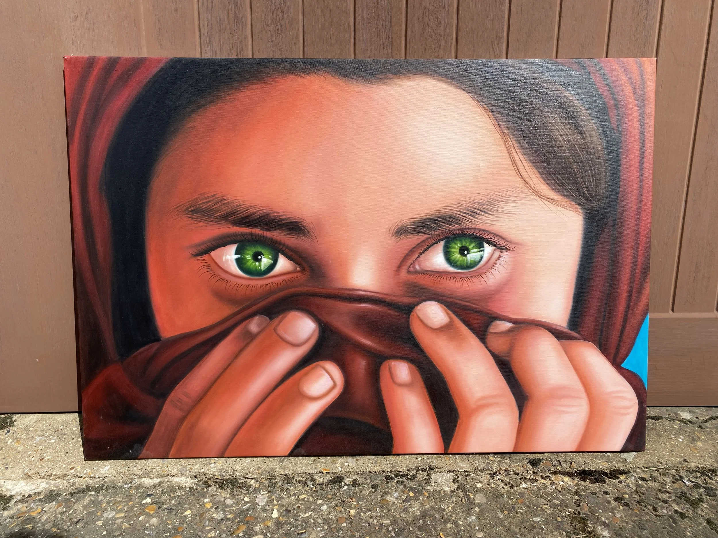 Thai Original Oil Painting, Eyes, Burgundy, 39" x 27"