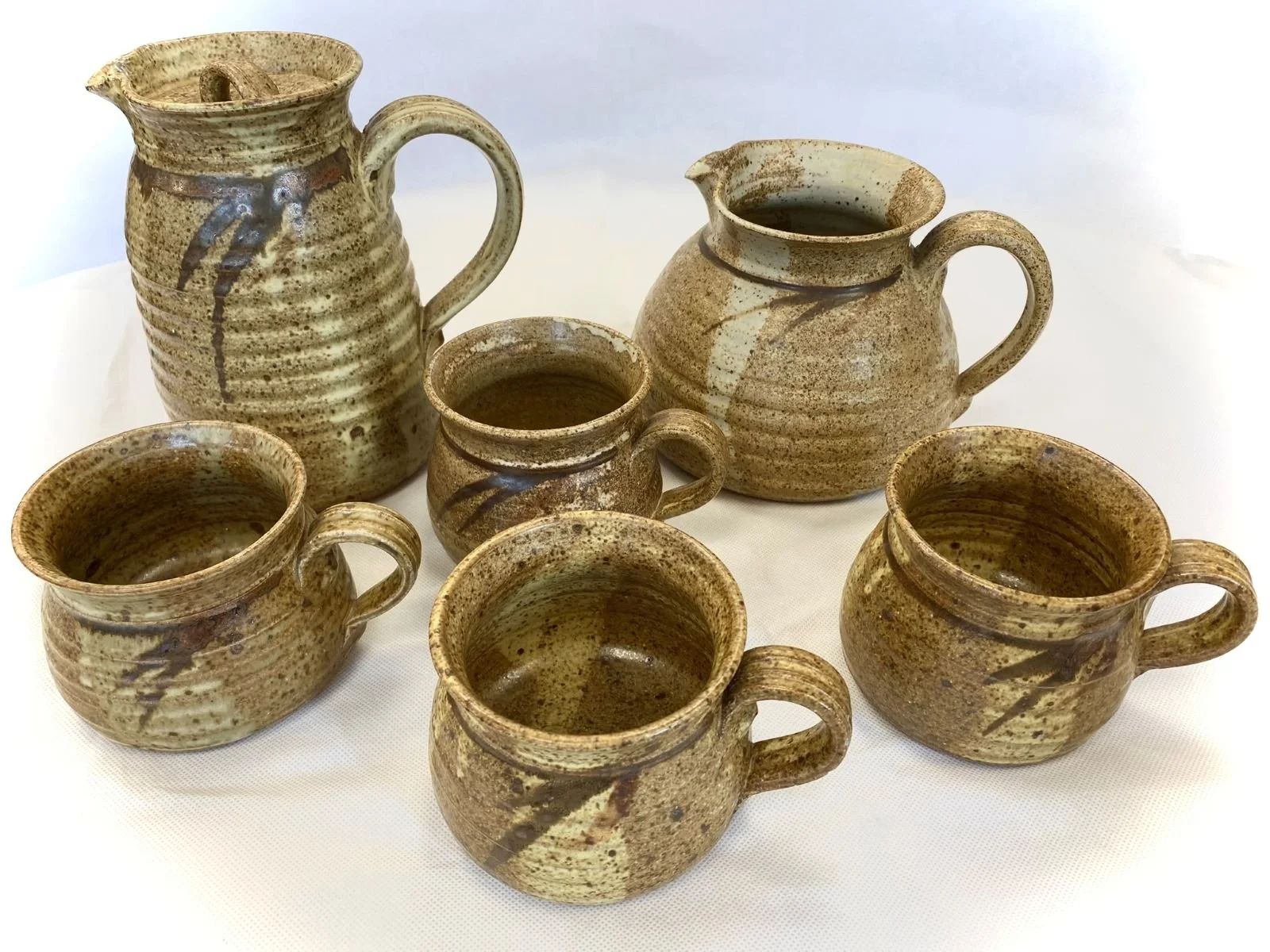 Vintage earthenware pottery set coffee pot milk jug four mugs