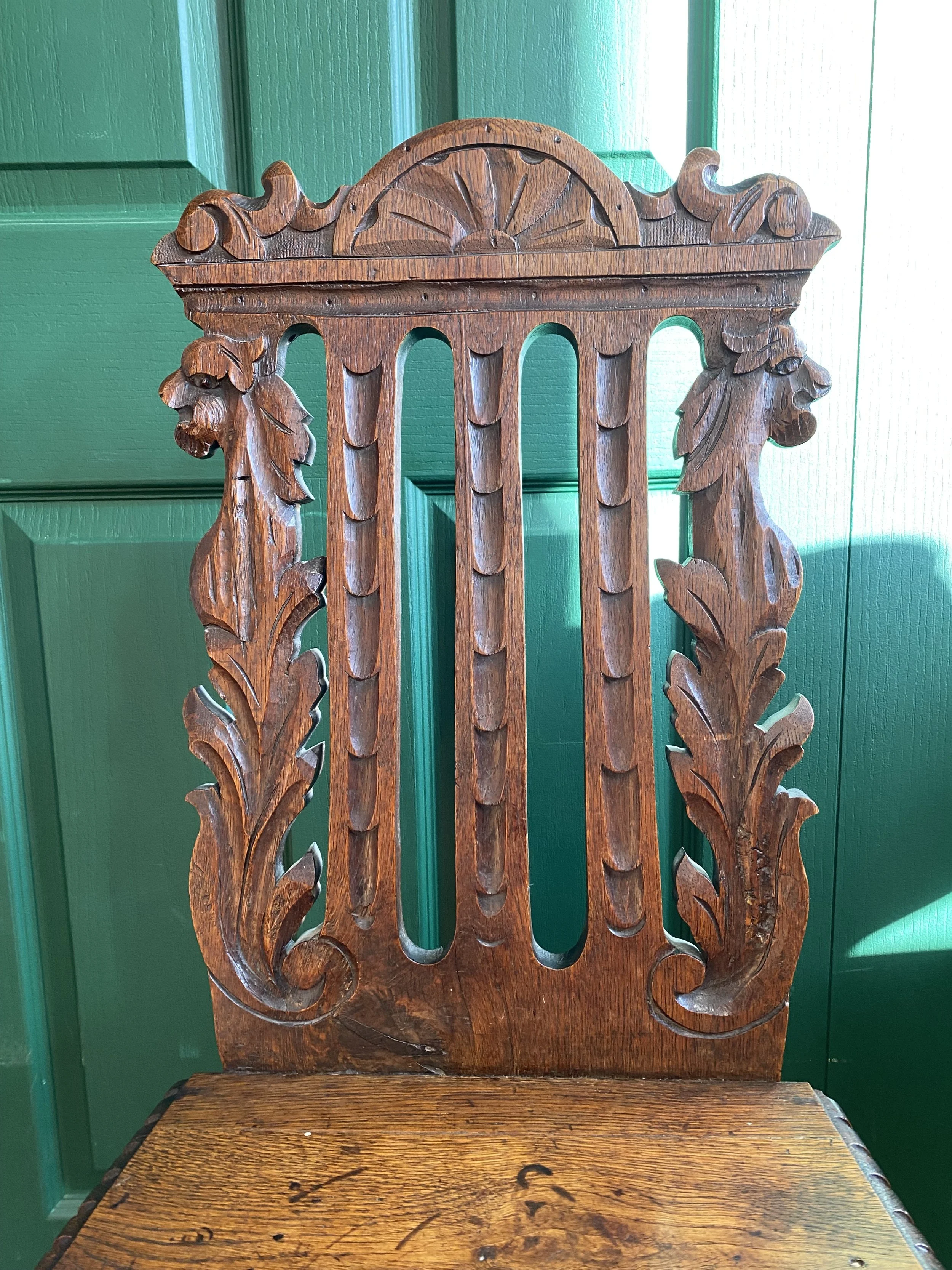 Antique Victorian solid oak carved hall chair