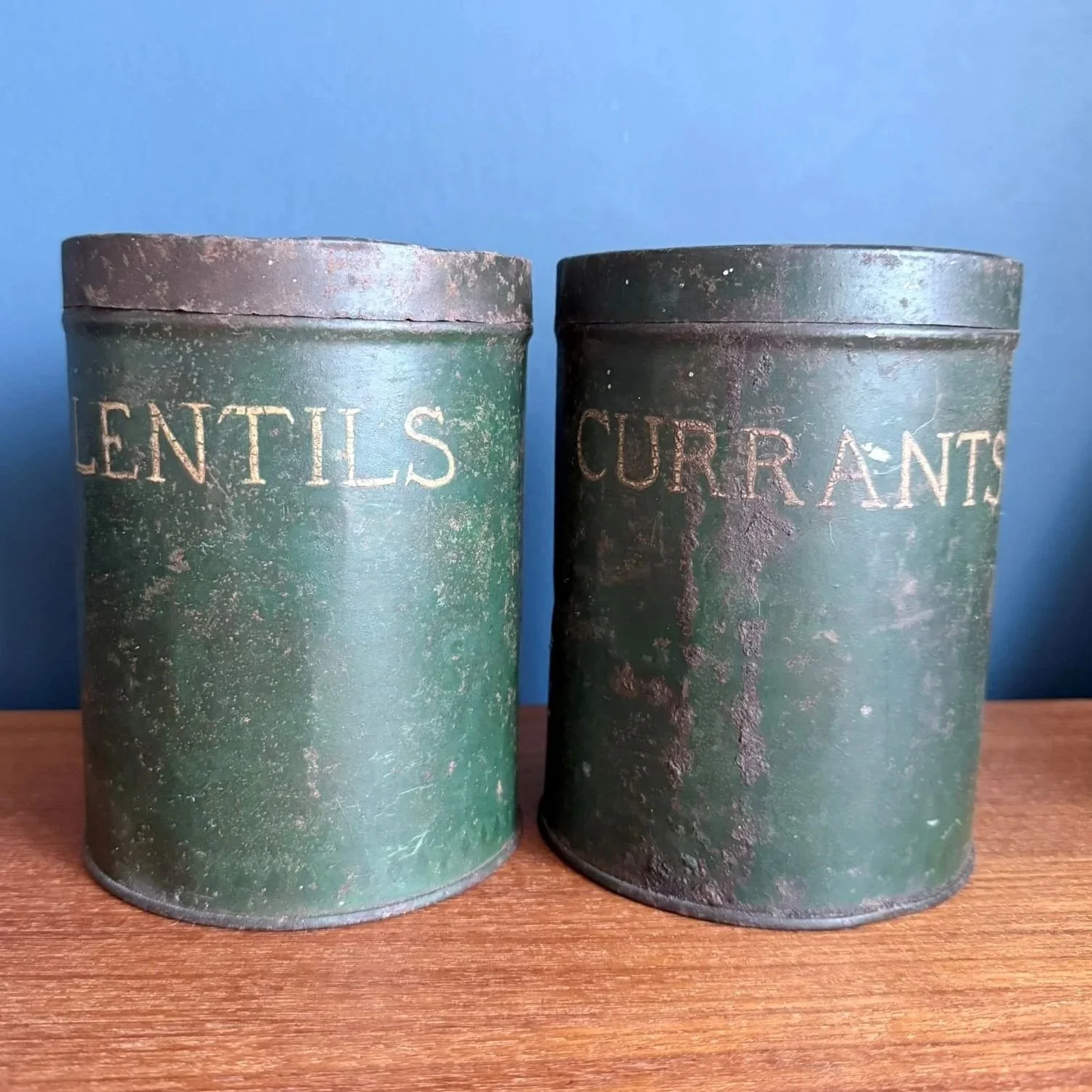 Vintage 1940s storage jars metal containers currants and lentils