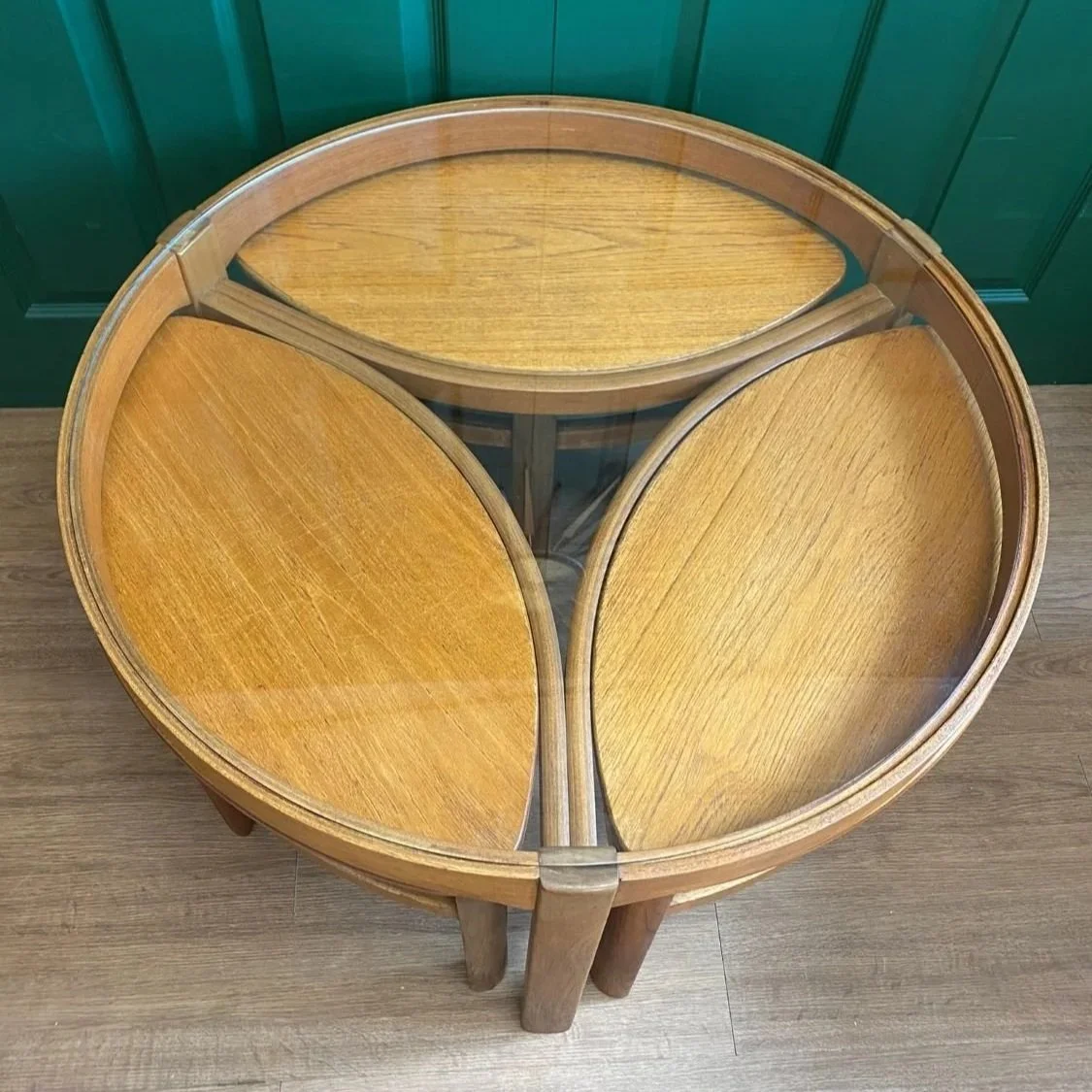 Mid century 1960s Danish style teak Nathan Trinity circular glass coffee table nest of tables