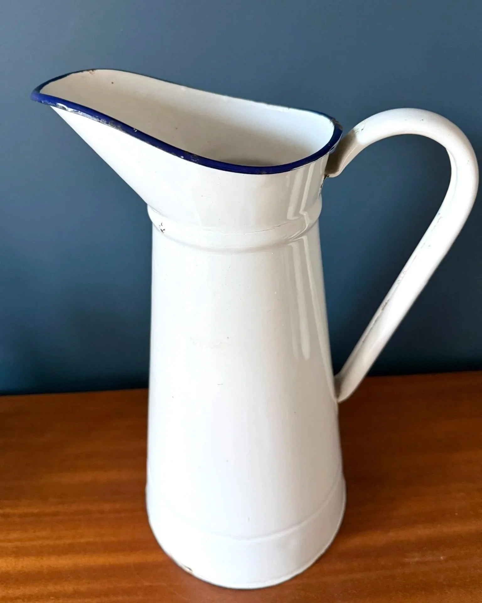 Vintage French extra large white enamelled pitcher jug with blue rim mid century rustic
