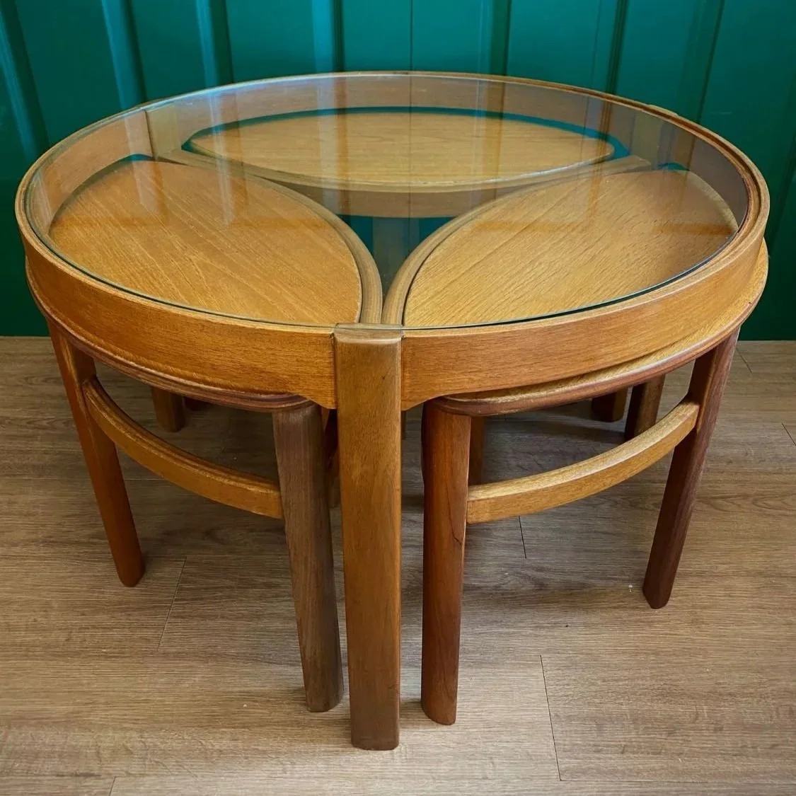 Mid century 1960s Danish style teak Nathan Trinity circular glass coffee table nest of tables