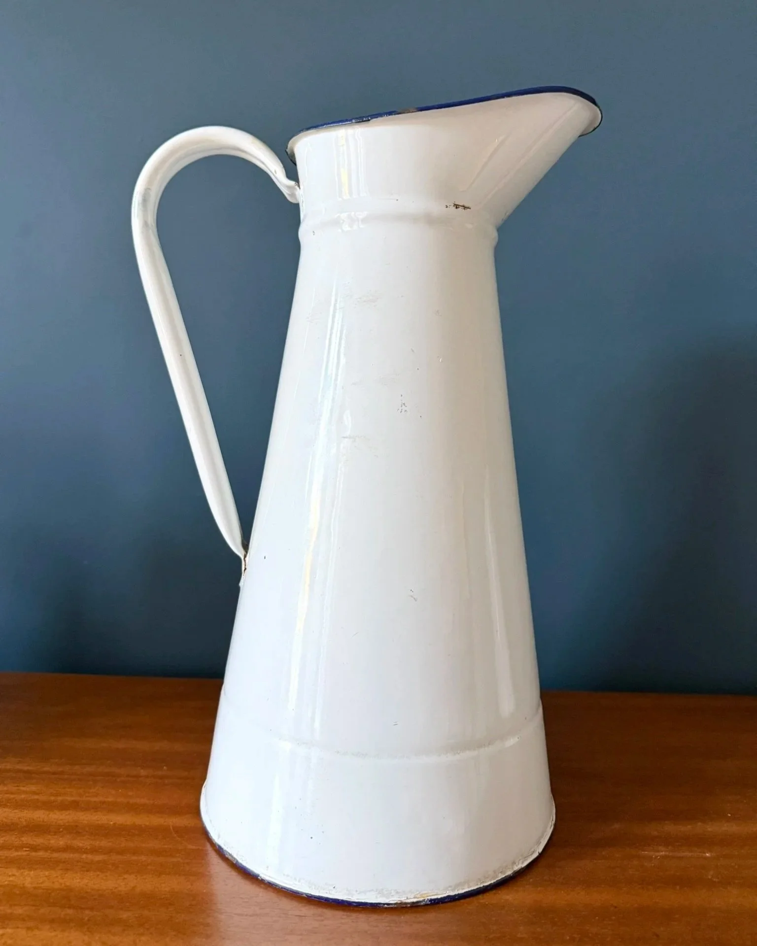 Vintage French extra large white enamelled pitcher jug with blue rim mid century rustic