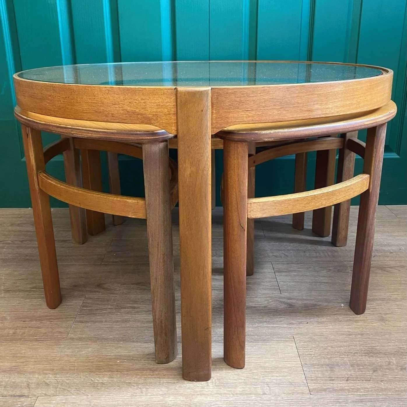 Mid century 1960s Danish style teak Nathan Trinity circular glass coffee table nest of tables