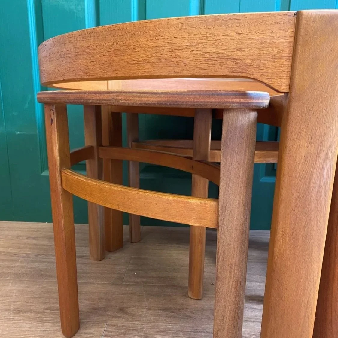 Mid century 1960s Danish style teak Nathan Trinity circular glass coffee table nest of tables
