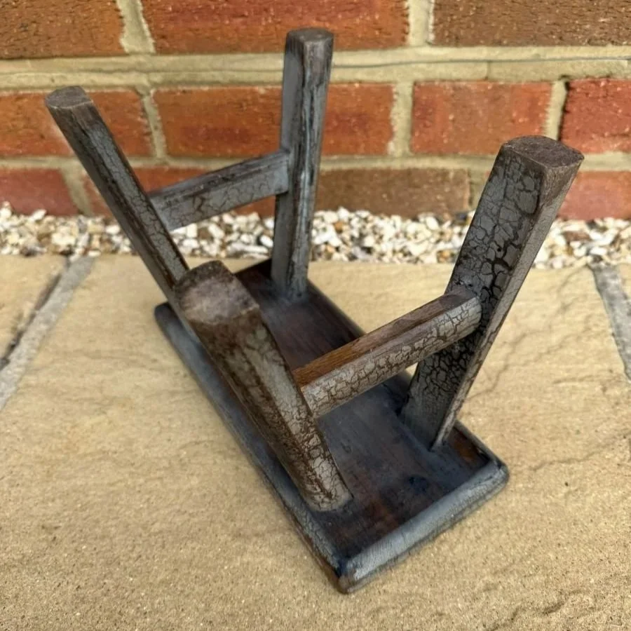 Small vintage wooden milking stool paint washed with crazed effect