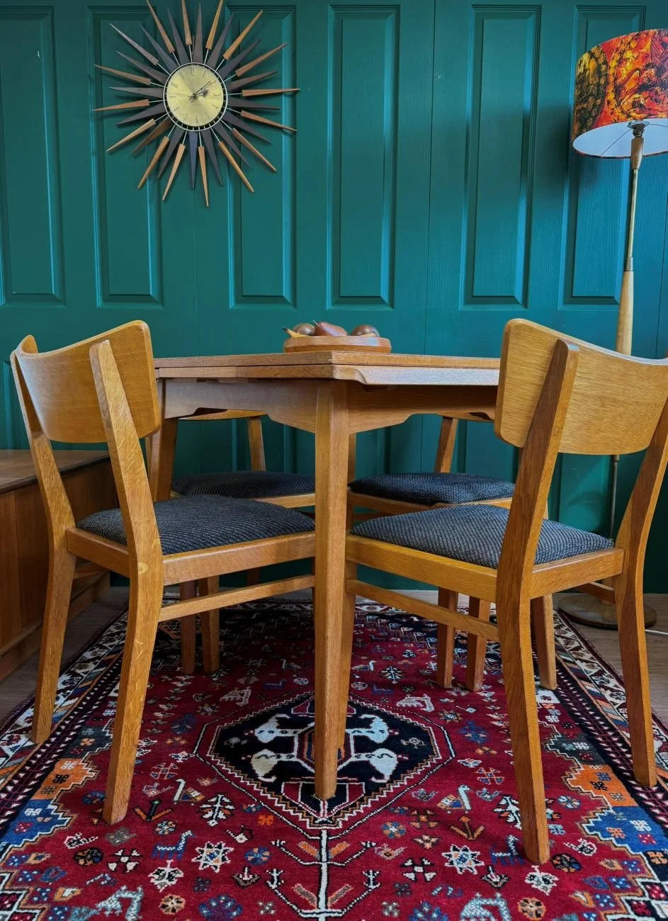 Mid century modern 1960s oak G Plan E Gomme Brandon extending square to rectangular dining table and four butterfly chairs