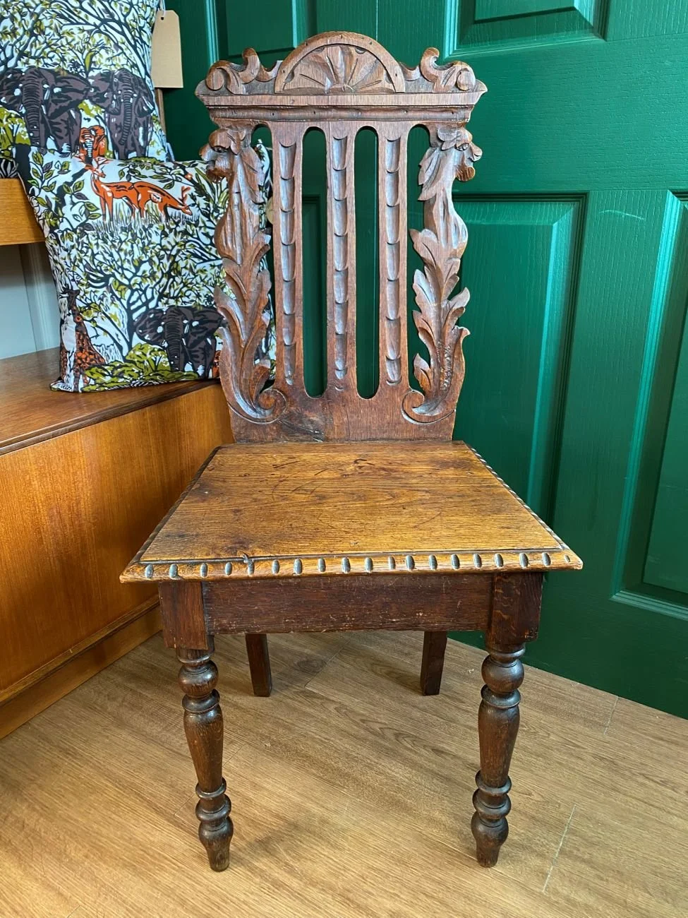 Antique Victorian solid oak carved hall chair